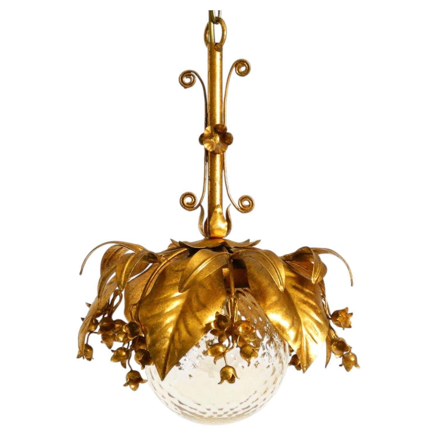Beautiful 1970s Gold Plated Metal Pendant Lamp With A Glass Sphere By Hans Kögl
