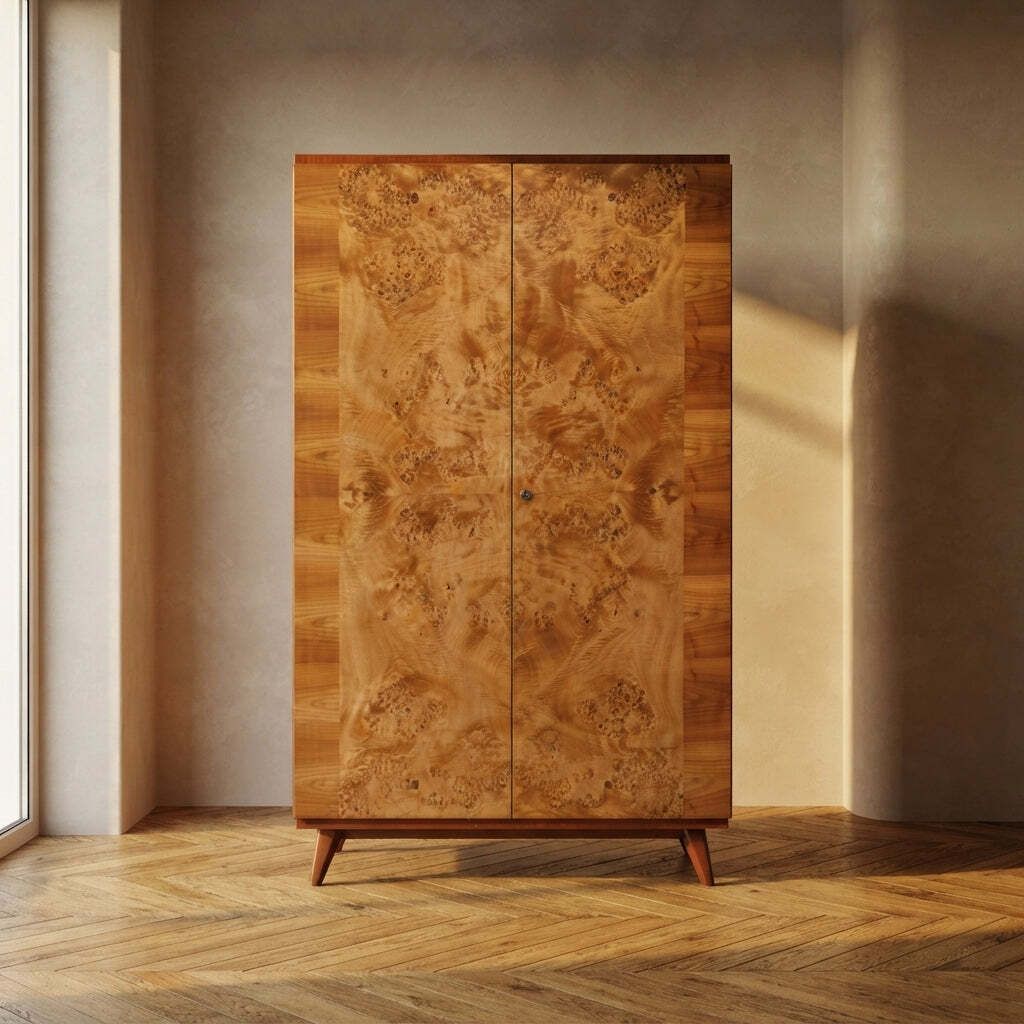 Vintage Mid-Century Kledingkast, Wortelhoutfineer, Tsjecho-Slowakije, 176 × 116 × 58 cm