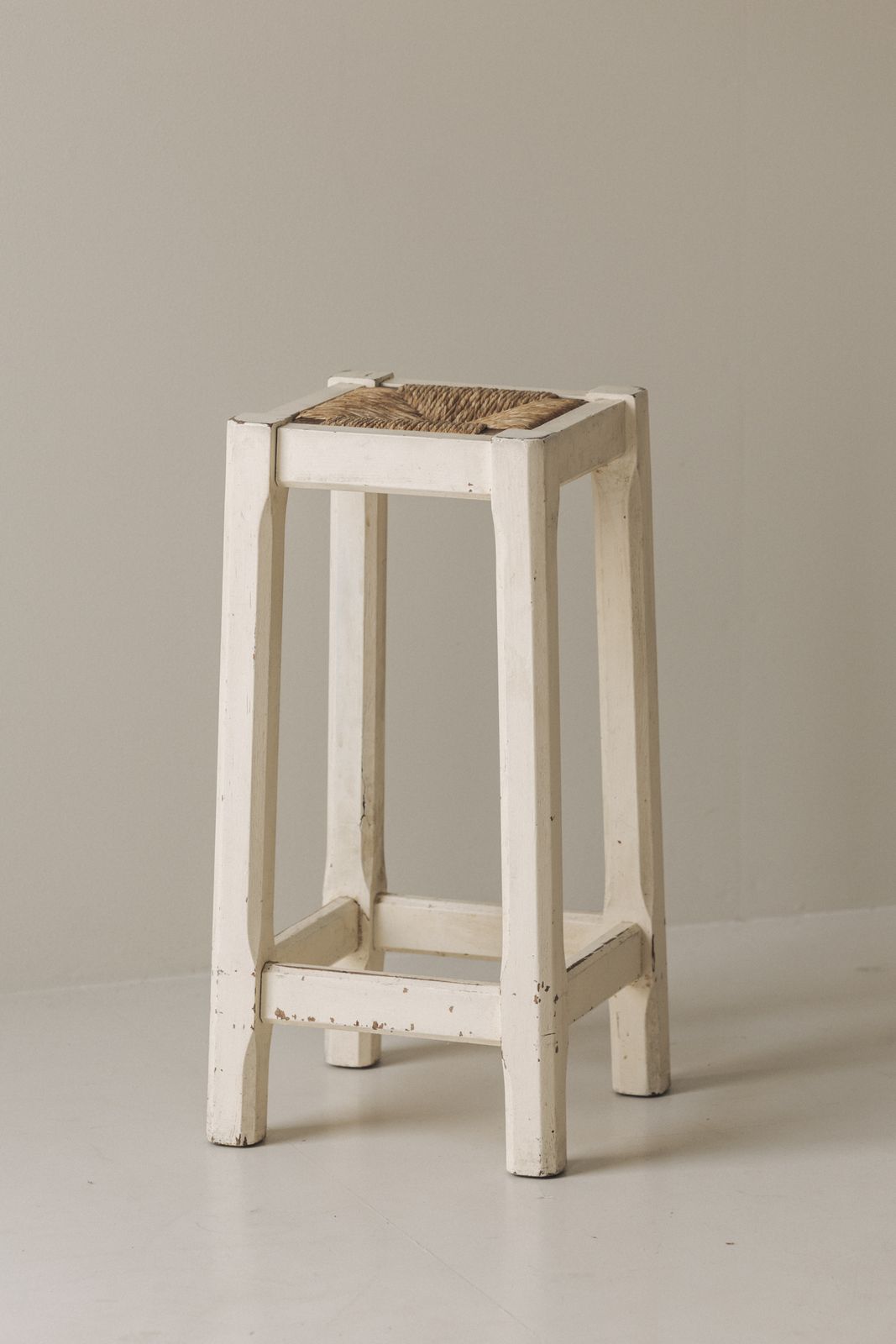 Off White Painted Oak Bar Stools With Woven Rush Seats, France 1950s photo vinterior