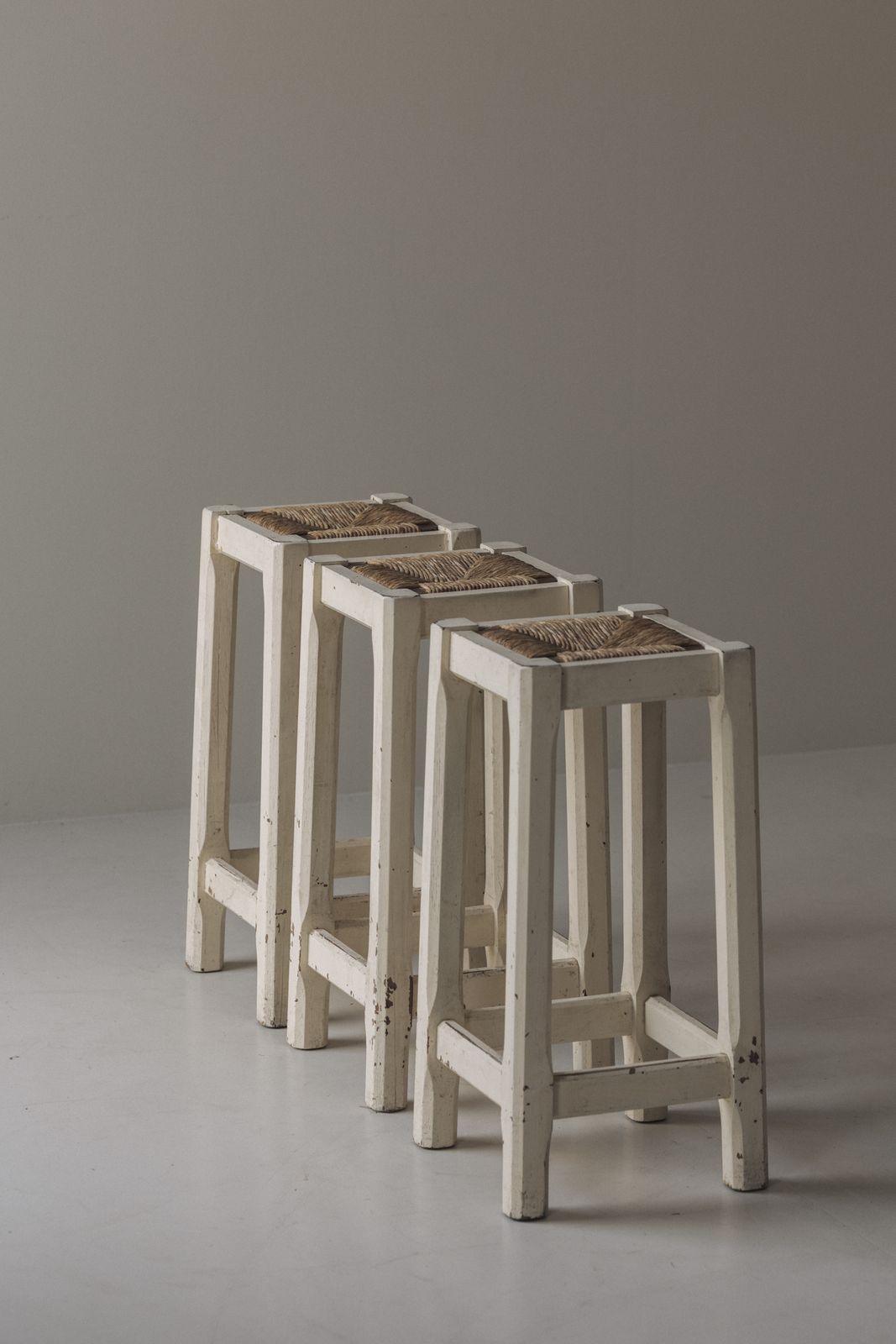 Off White Painted Oak Bar Stools With Woven Rush Seats, France 1950s photo vintage