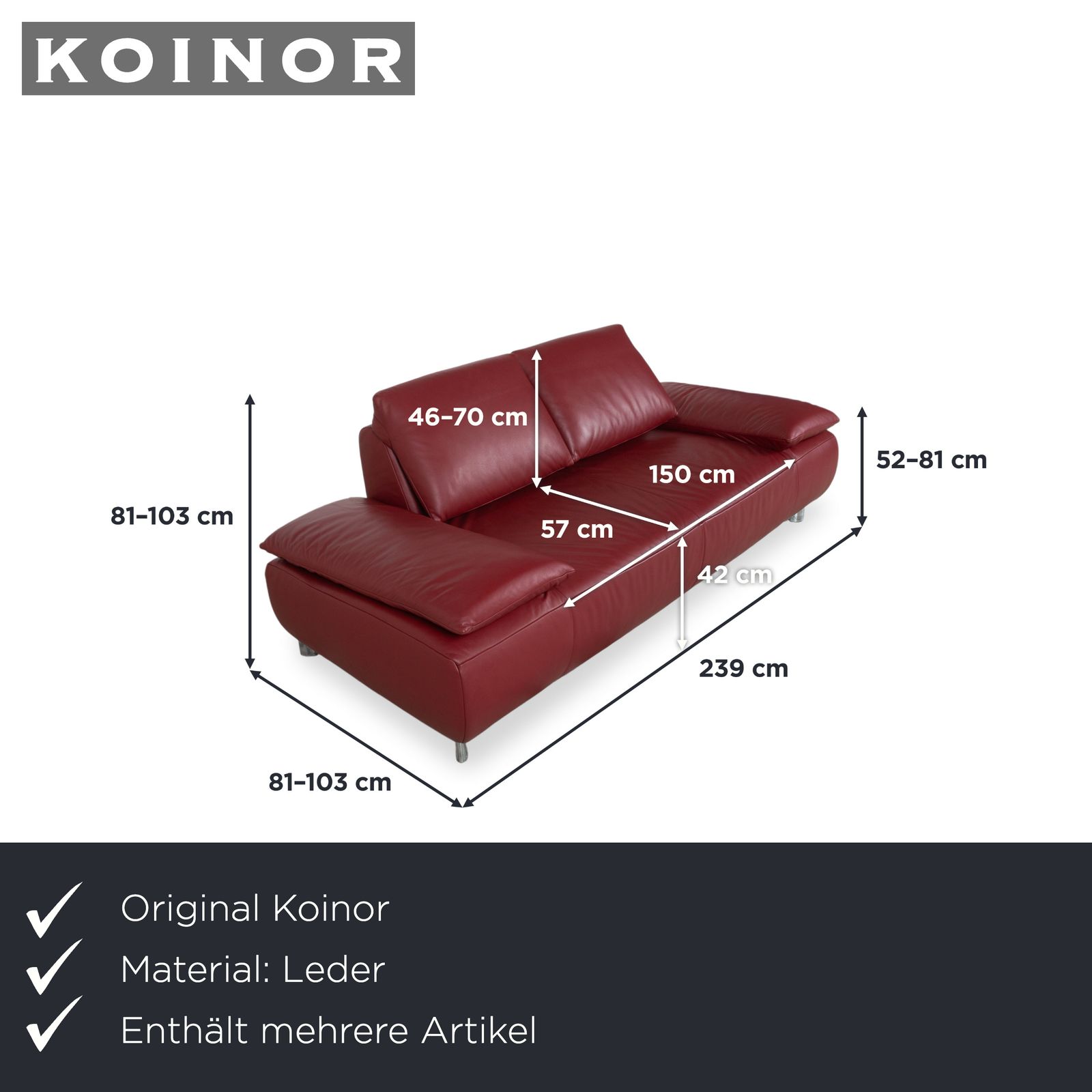 Ensemble Koinor Volare canapé 2 places et fauteuil en cuir, rouge, fonction manuelle photo for sale