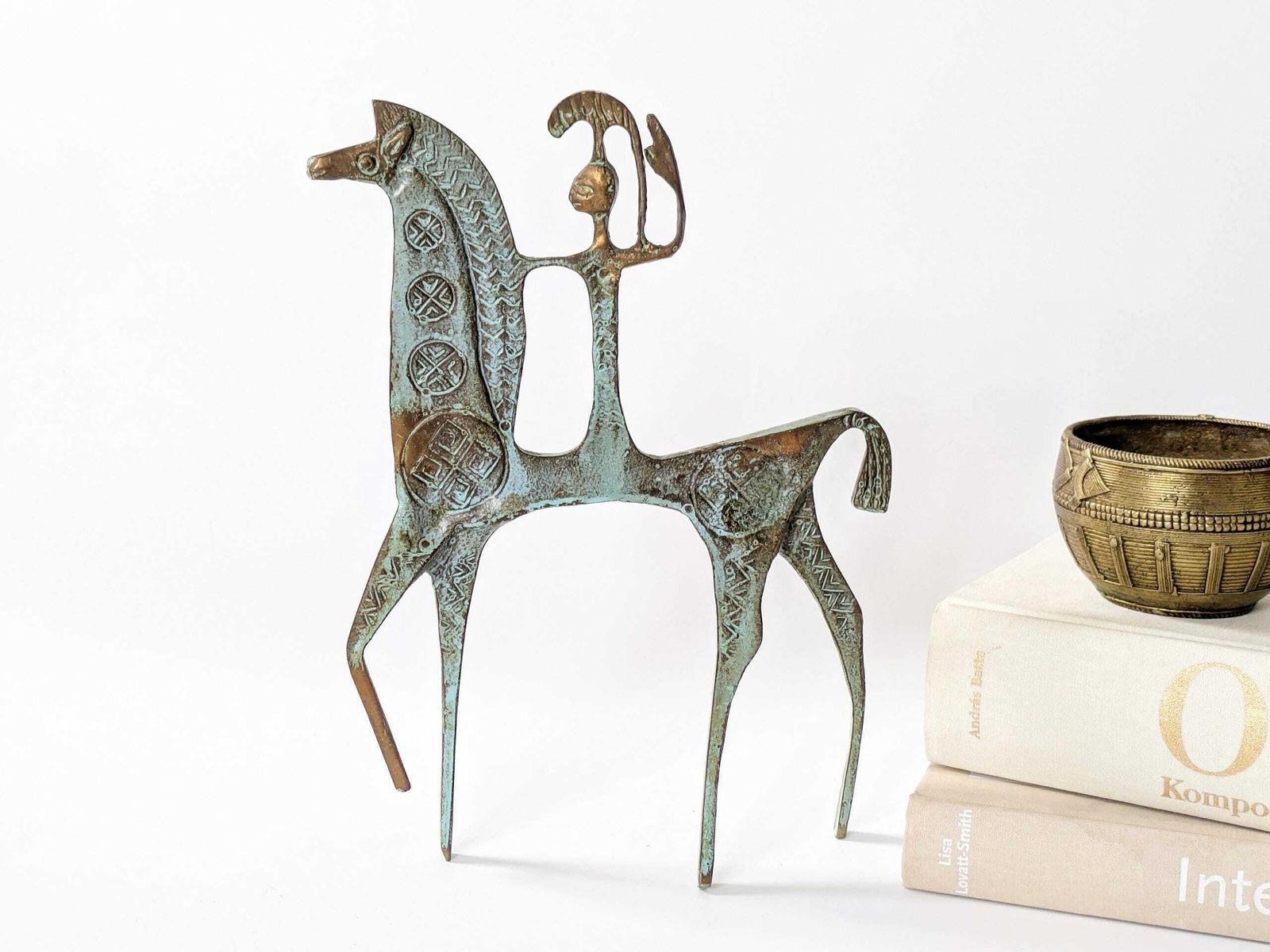 Vintage Brass Etruscan Warrior Horse Sculpture 1970s Brutalist Verdigris photo for sale