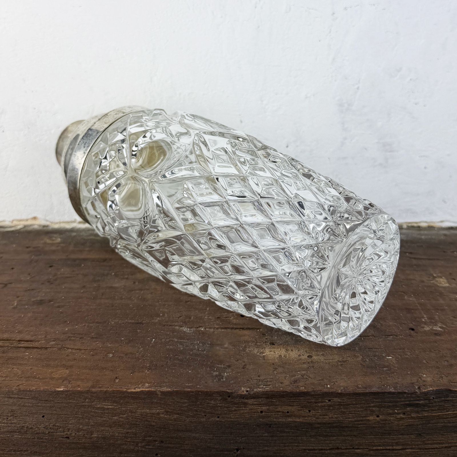 Vintage Italiaanse 800 zilver en kristal cocktailshaker, geslepen kristal barware, mid-century drankenmixer photo for sale