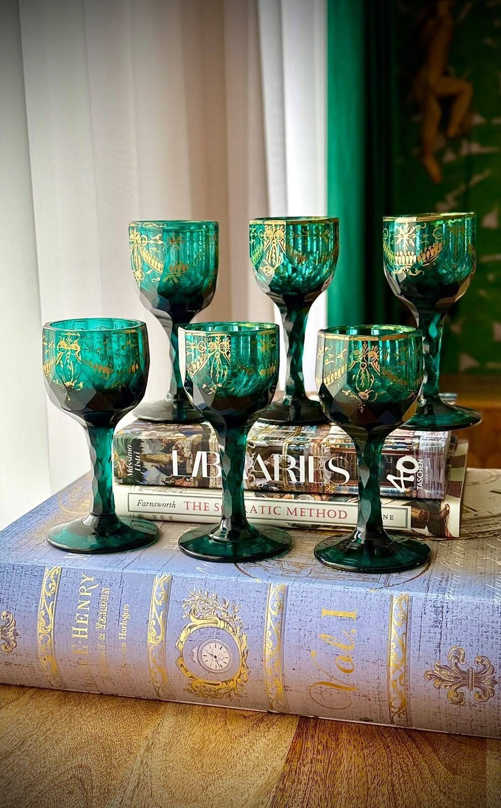 Set Of Six Russian Imperial Glassworks Green And Gilt Goblets, St Petersburg, C.1800–1810