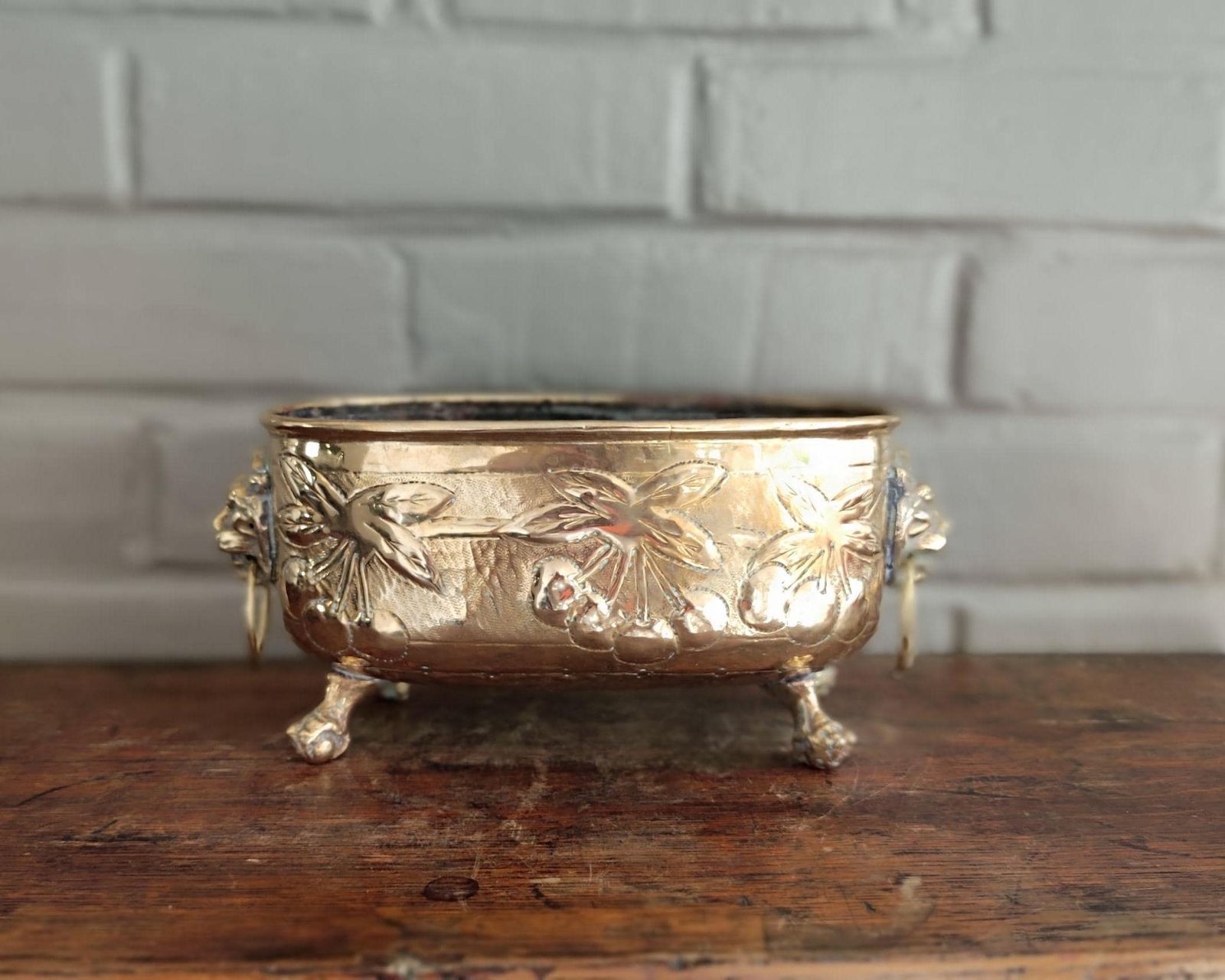 19th Century French Repoussé Brass Small Jardiniere With Paw Feet