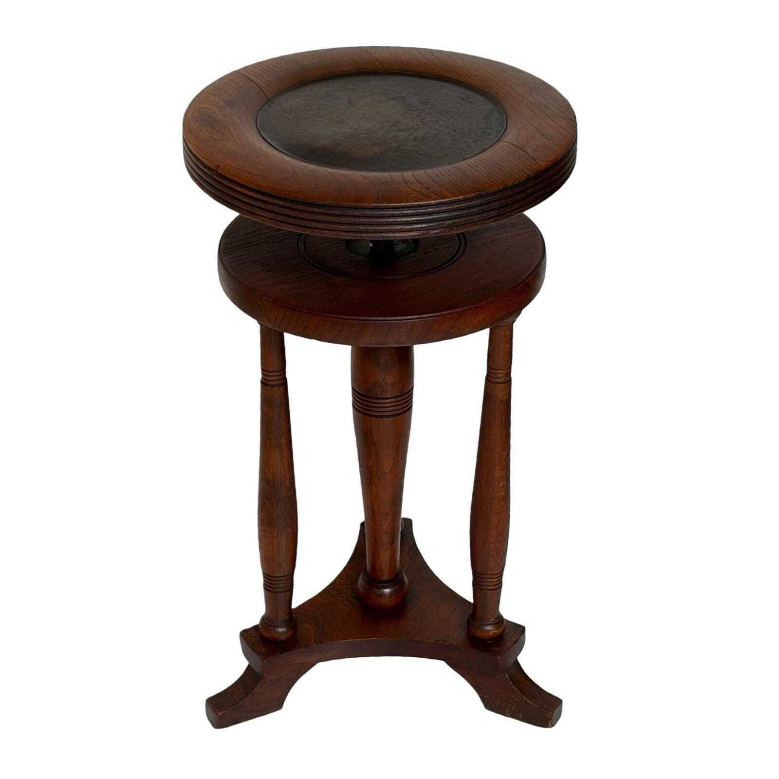 Antique   Wooden Piano Stool / Chair   Mounted On A Swiveling Base   Leather Seat