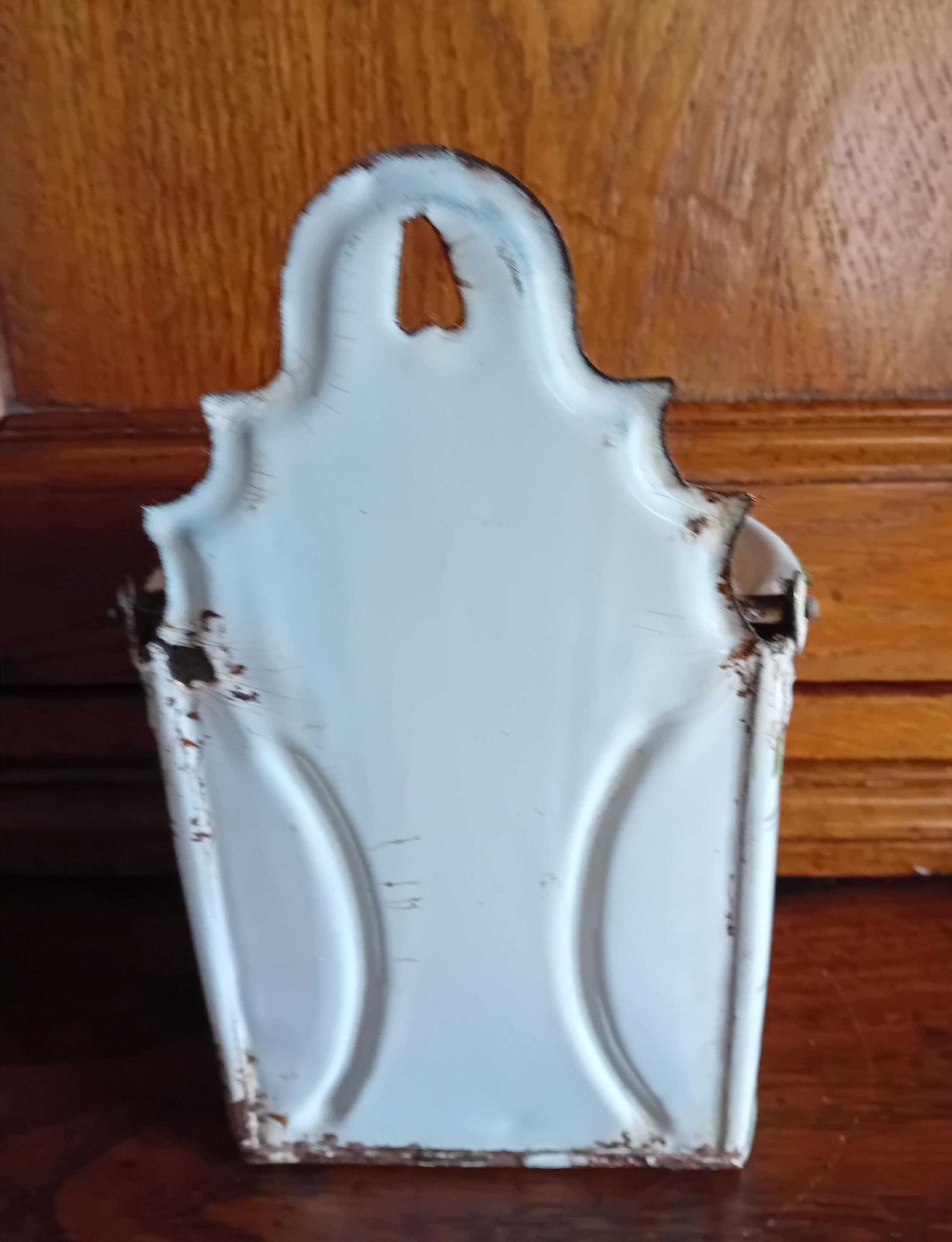 Boîte à sel vintage française : émail blanc et vert patiné photo 76.0