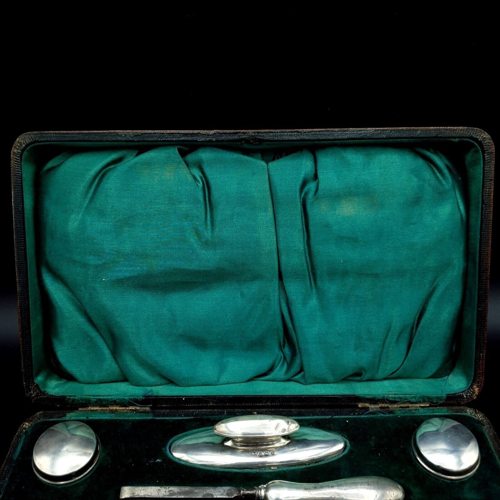 Antiek manicureset met zilveren handvatten 1908 BHM Silver R.U & Co & W.G.K maker en doos photo for sale