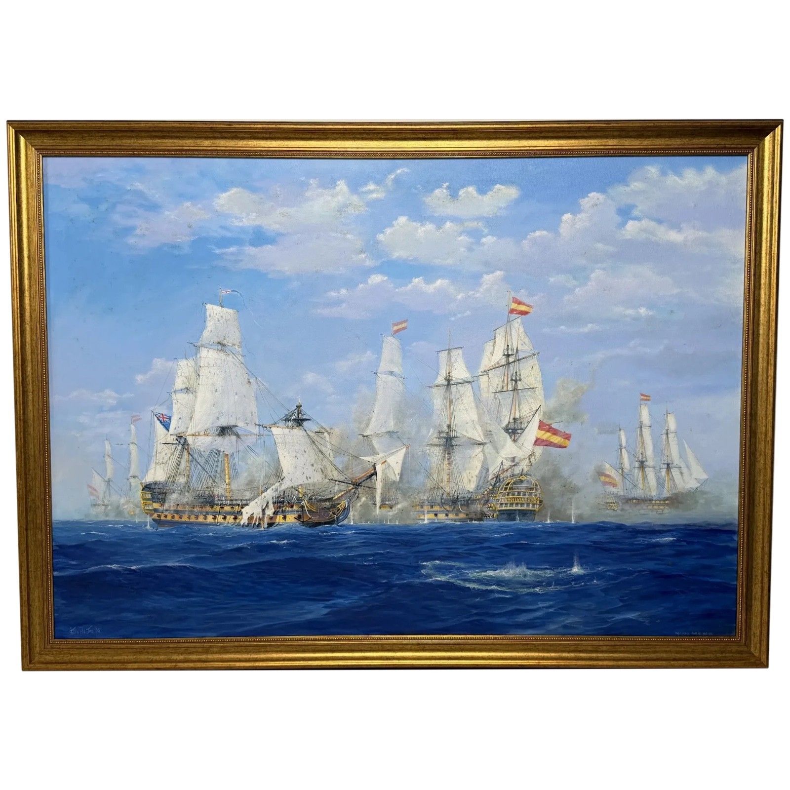 Maritiem Olieverfschilderij Slag bij St. Vincent Nelson's Patent Bridge, gesigneerd Graham Jowett-Ive