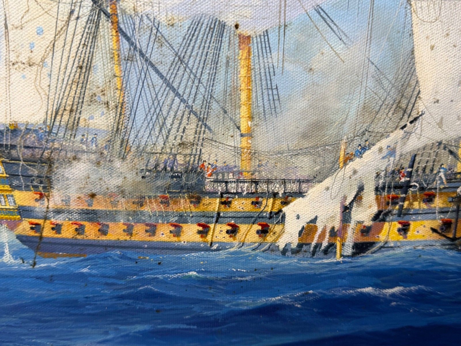photo vintage Maritiem Olieverfschilderij Slag bij St. Vincent Nelson's Patent Bridge, gesigneerd Graham Jowett-Ive