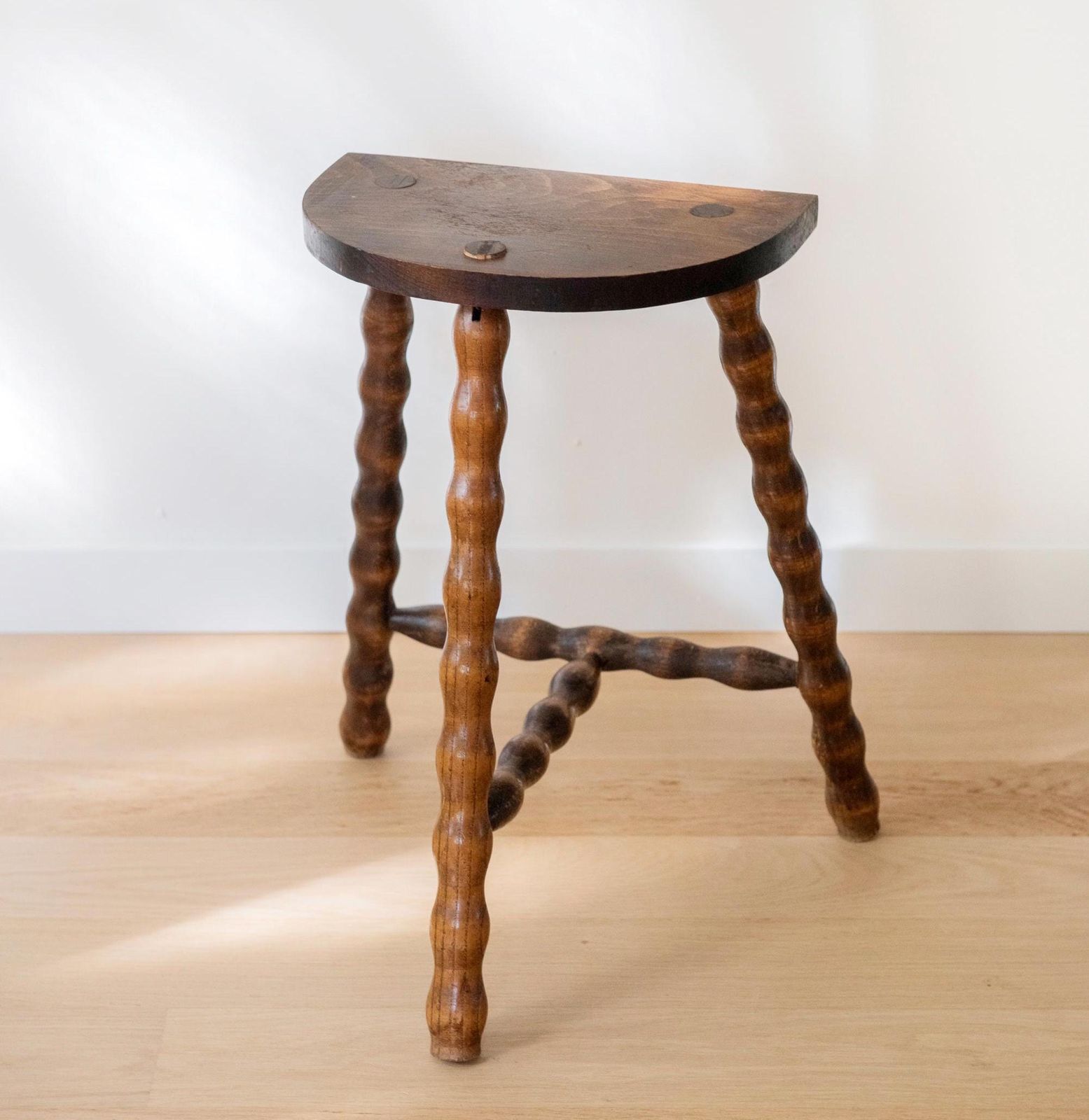 Vintage Wooden Milking Stool With Turned Bobbin Legs  French Rustic Farmhouse Plant Stand