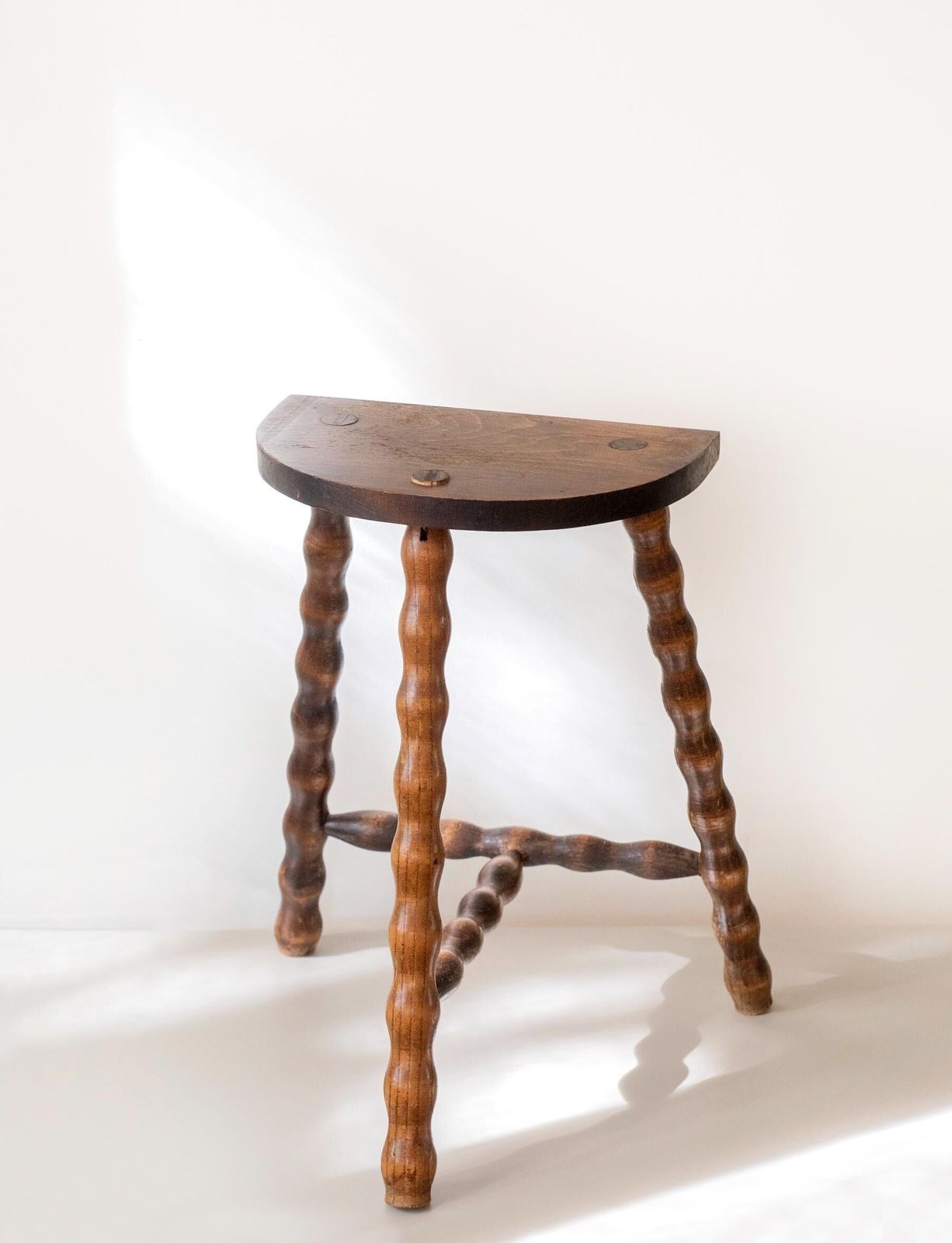 Vintage Wooden Milking Stool With Turned Bobbin Legs  French Rustic Farmhouse Plant Stand photo 233.0
