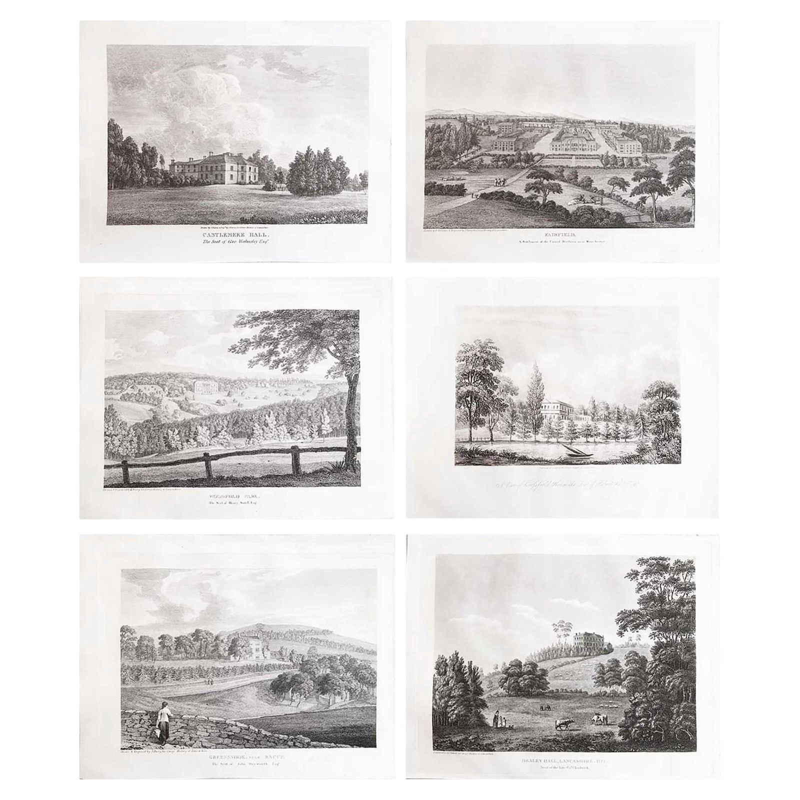 Set van 6 antieke prenten van Engelse landhuizen en tuinen, ca. 1790