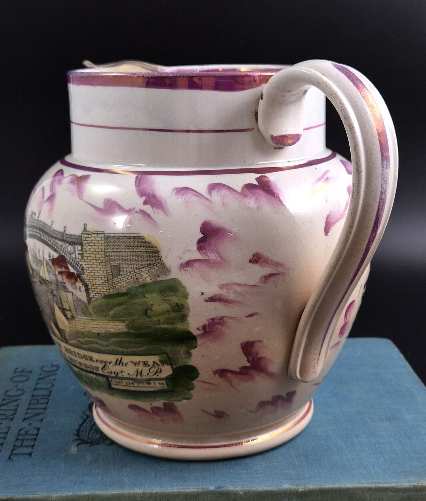 Sunderland Pink Splash Lustre Jug, Iron Bridge Over The Wear, Named And Dated 1859 photo furniture