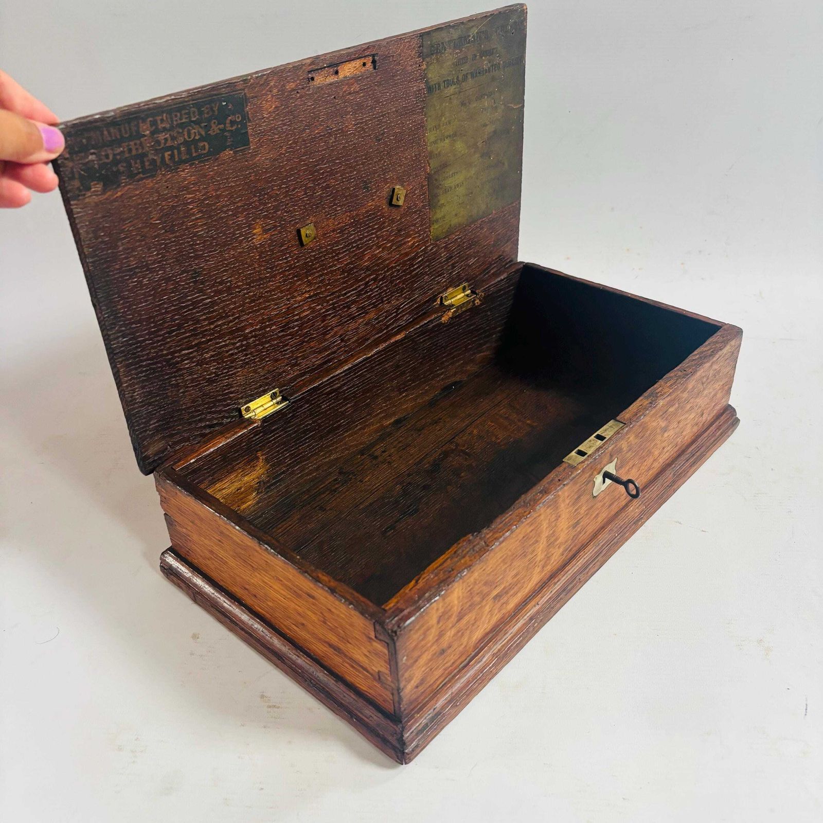 Coffre à outils victorien d'époque en chêne, Thomas Ibbotson & Co. - vers 1890, boîte de charpentier Sheffield