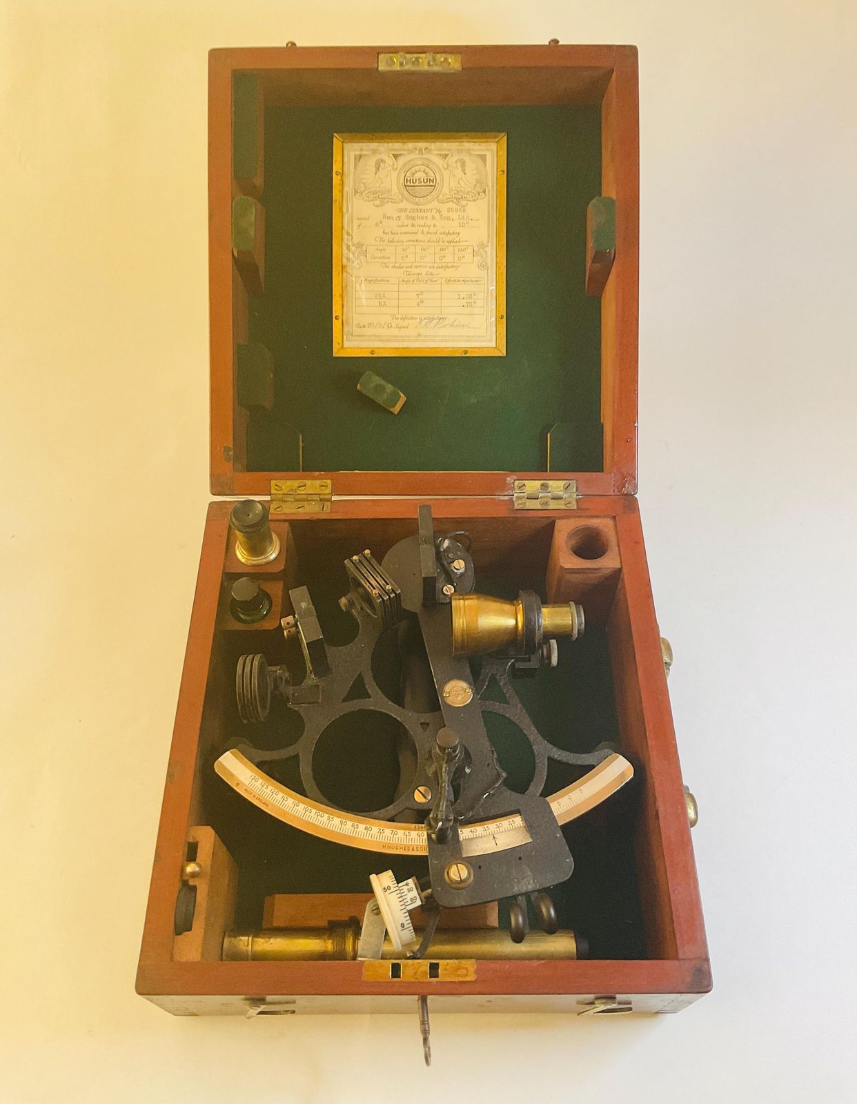 Wwii 1941 Husun Sextant By H Hughes & Son London, Original Case, Certificate, Vintage Nautical Instrument photo furniture
