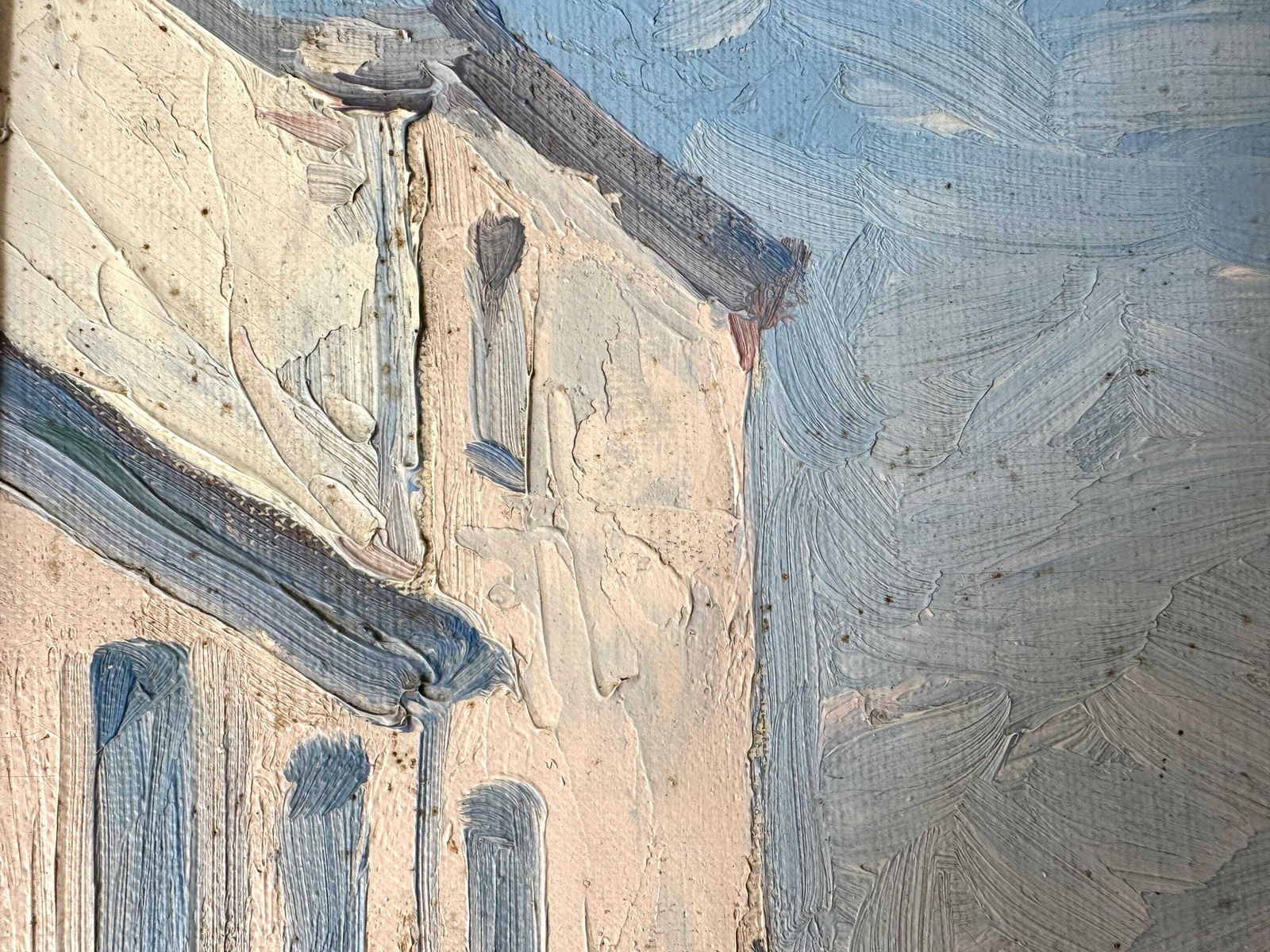 Paysage urbain français, huile sur toile d'époque signée et encadrée représentant un village avec église, 1928 photo buy