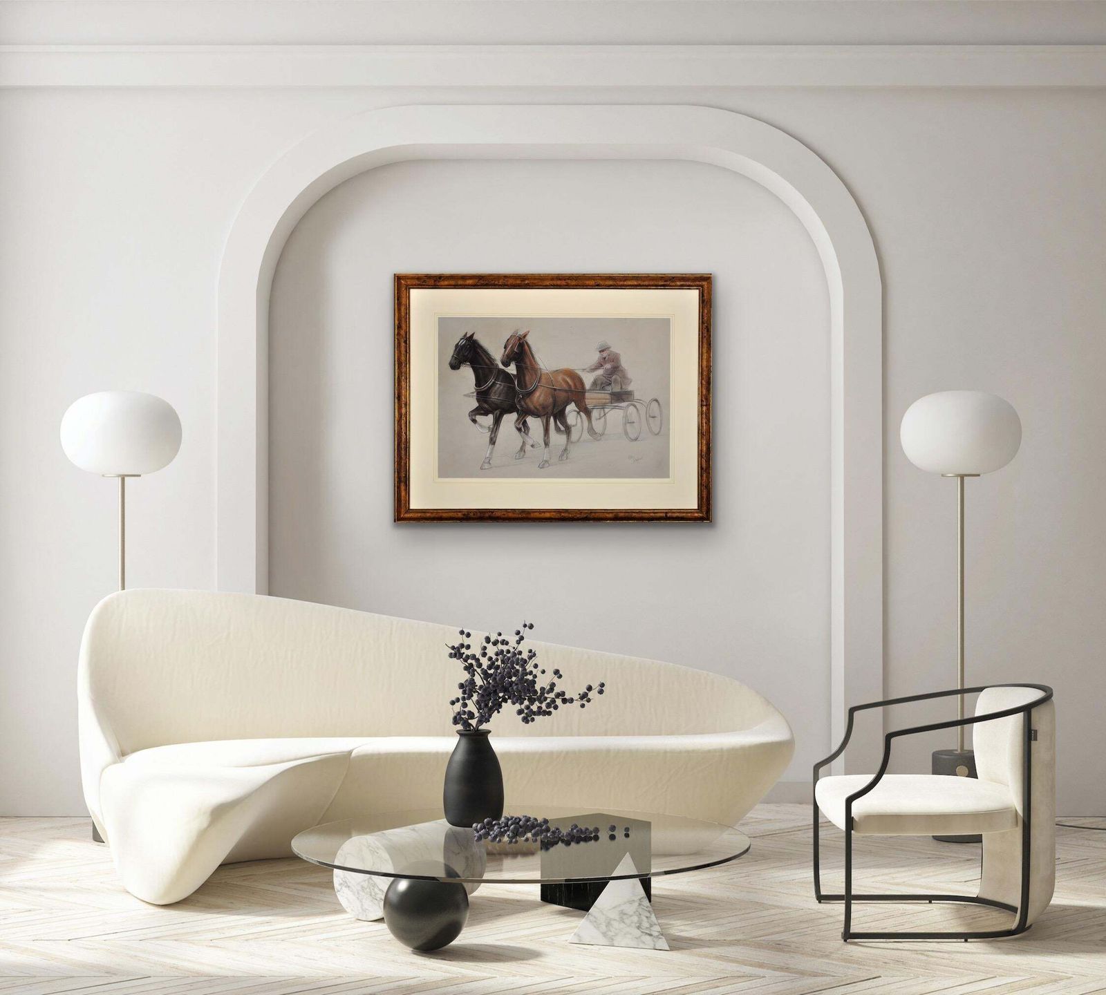photo for sale Cecil Charles Windsor Aldin 1870 To 1935. English. Trotting Horses Harnessed To A Lightweight Four Wheel Cart Trap. Walnut Framed Chalk Drawing.