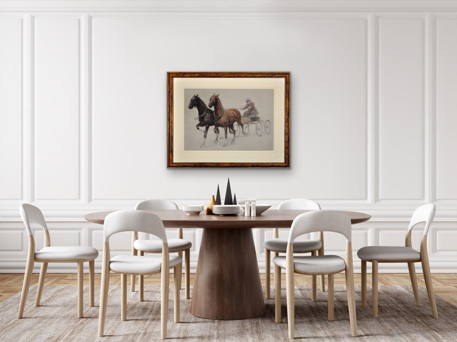 photo buy Cecil Charles Windsor Aldin, 1870-1935. Anglais. Chevaux au trot attelés à un léger char à quatre roues. Dessin à la craie, encadré en noyer.
