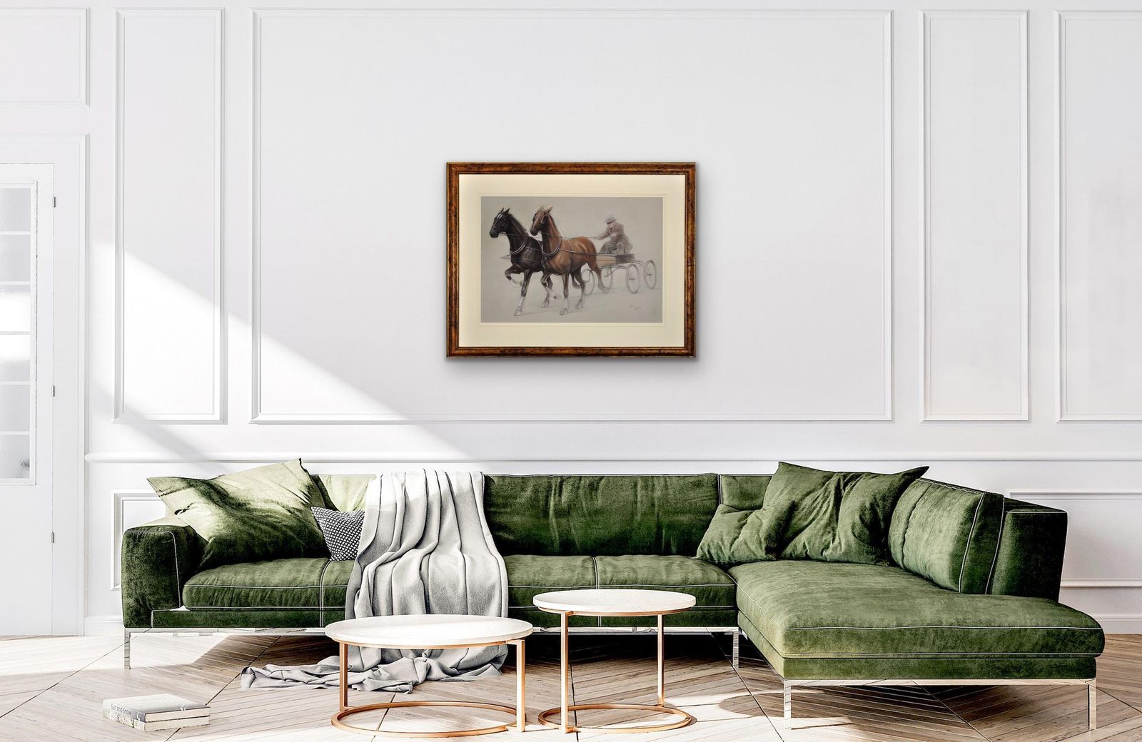 photo vintage Cecil Charles Windsor Aldin, 1870-1935. Anglais. Chevaux au trot attelés à un léger char à quatre roues. Dessin à la craie, encadré en noyer.