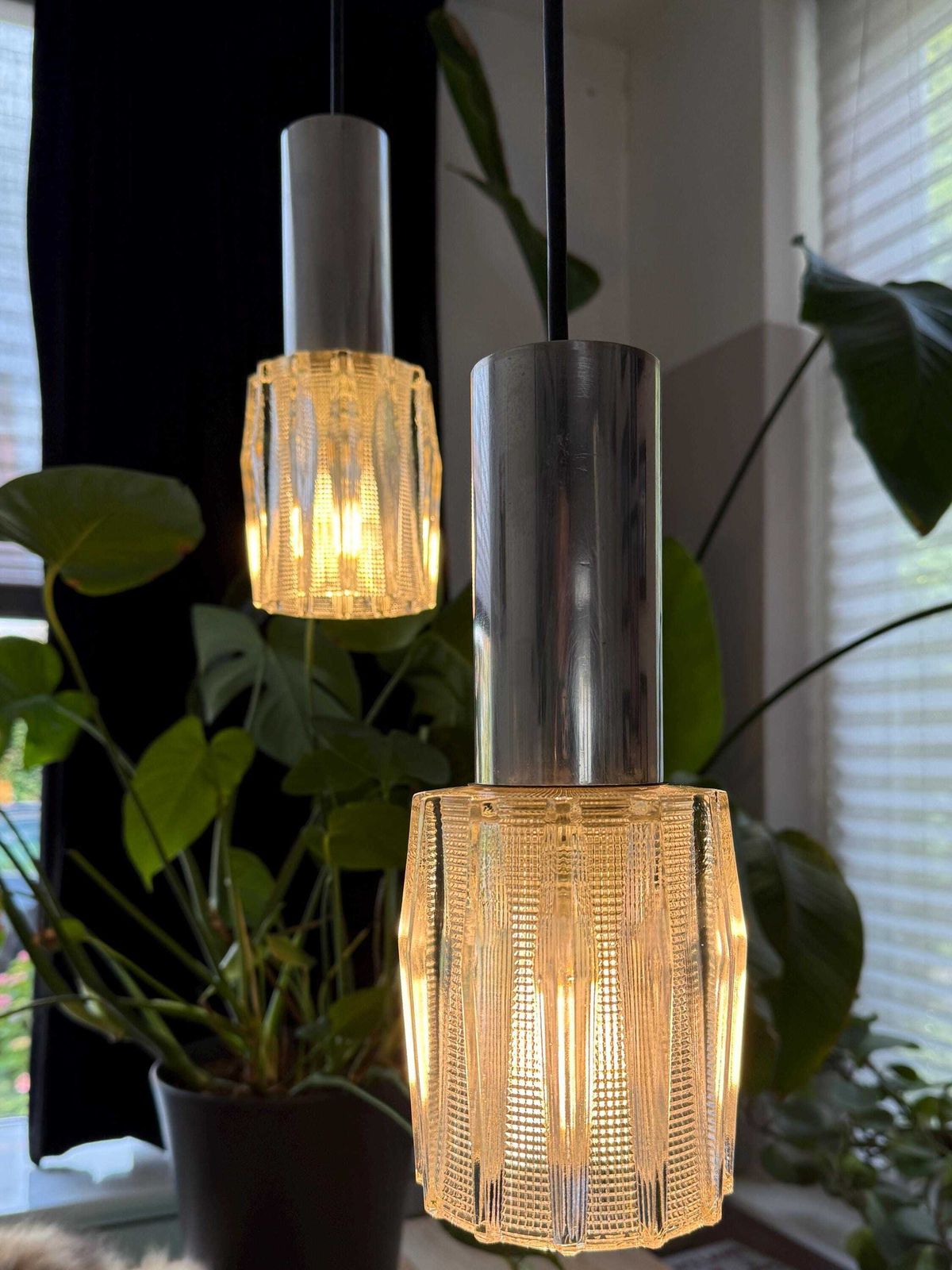 Vintage Pair Of Textured Glass Pendant Lights | Mid Century Modern, 1960/70s photo for sale