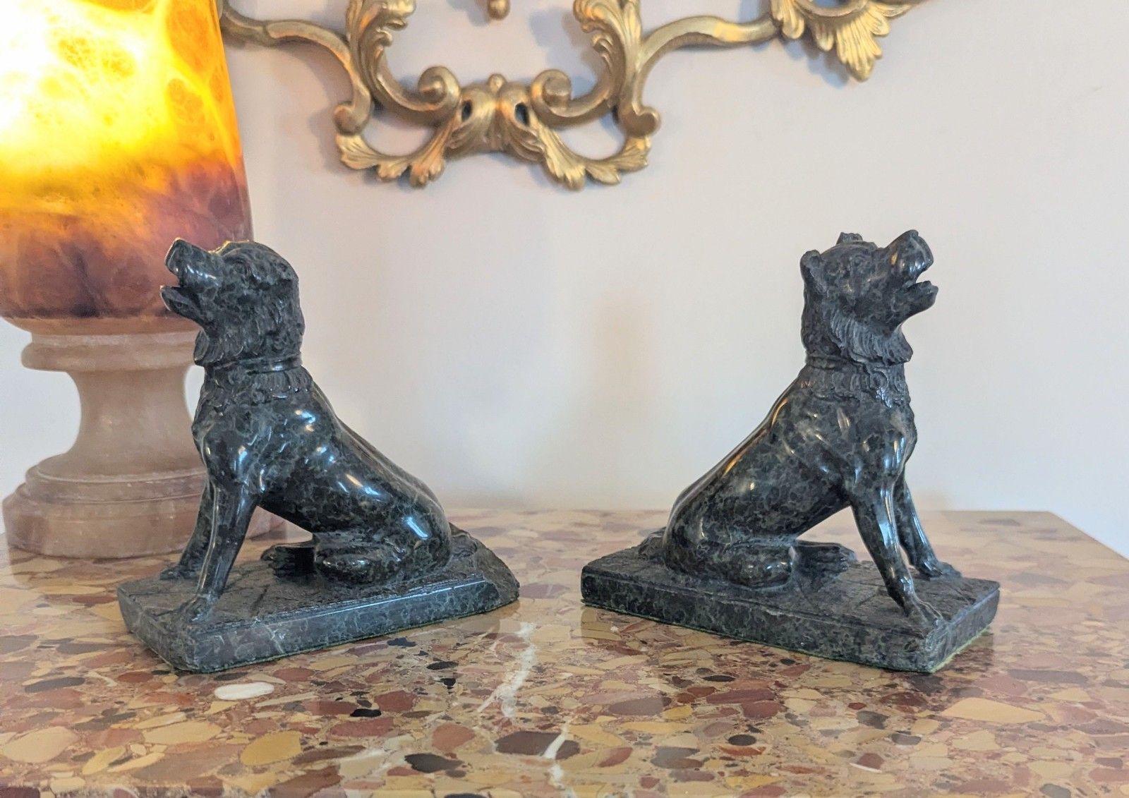 Pair Antique Marble Serpentine Molossian Hound Bookends Delivery Available 0375. photo vinterior