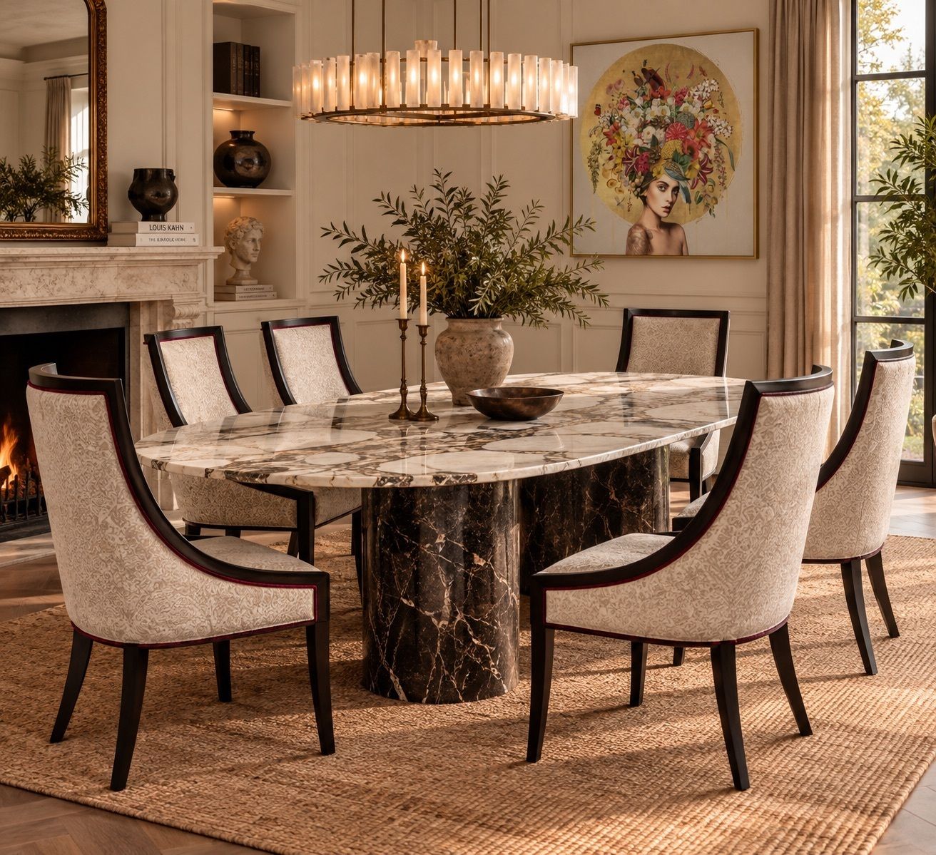 photo for sale Empire Revival Gondola Dining Chair Finished With An Ebonised Frame, Grey Damask Upholstery & Red Velour Piping Seven Chairs In Stock
