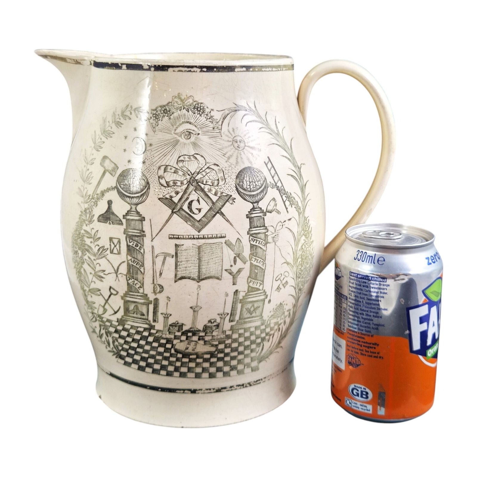 Woonaccessoires Staffordshire Masonic Jug In Light Olive Green Transfer Print, C.1800-1810 photo