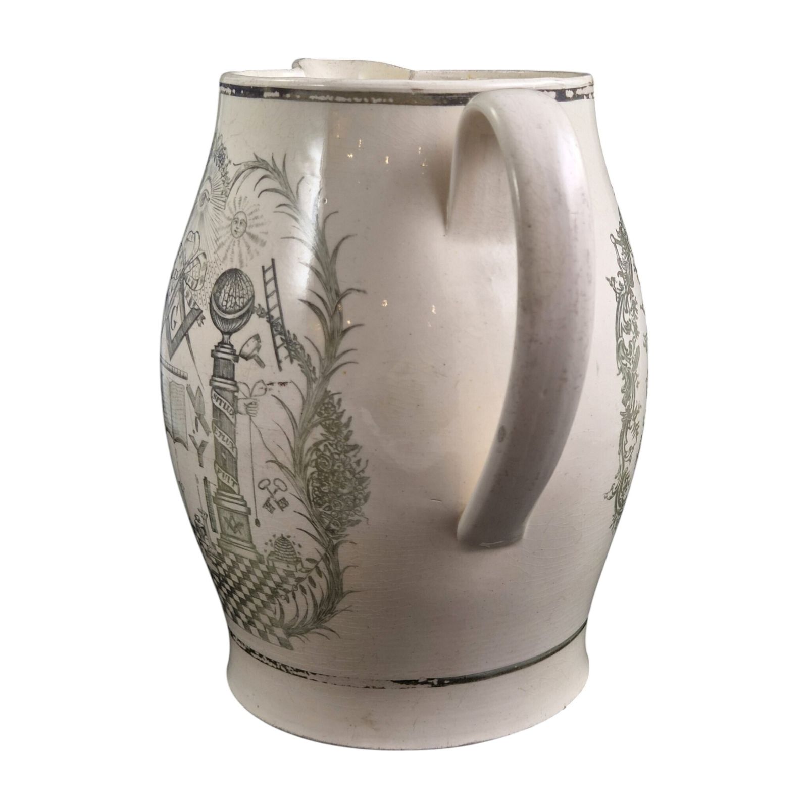 Staffordshire Masonic Jug In Light Olive Green Transfer Print, C.1800-1810 photo 800.0