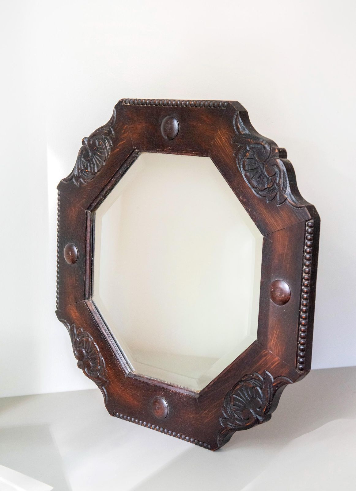 Antique Art Deco Octagonal Wall Mirror   Amsterdam School   Carved Dark Wood Mirror   Beveled Glass photo furniture