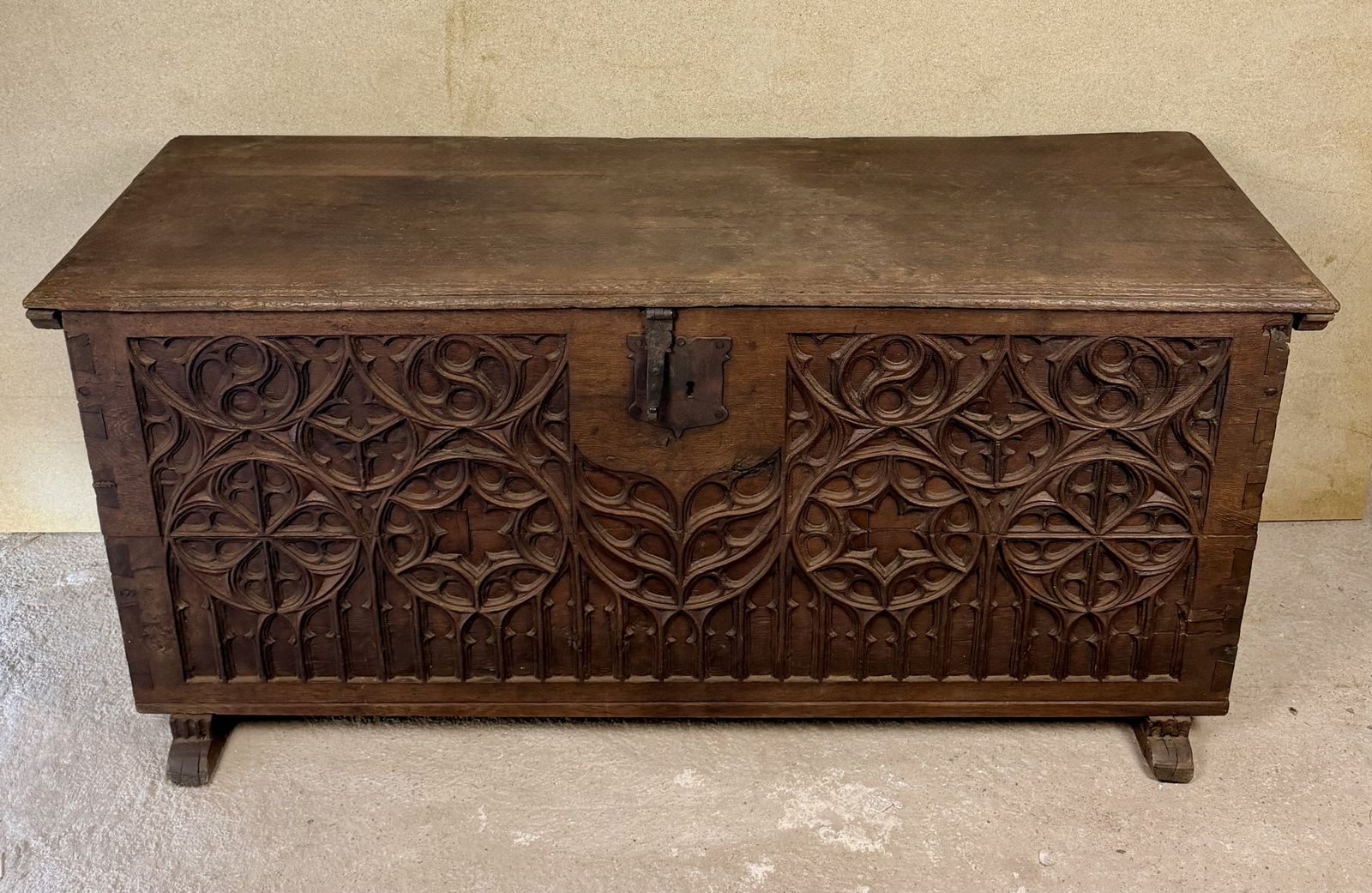 Late 18th Century Spanish Carved Wood Chest With Gothic Decoration photo Furniture