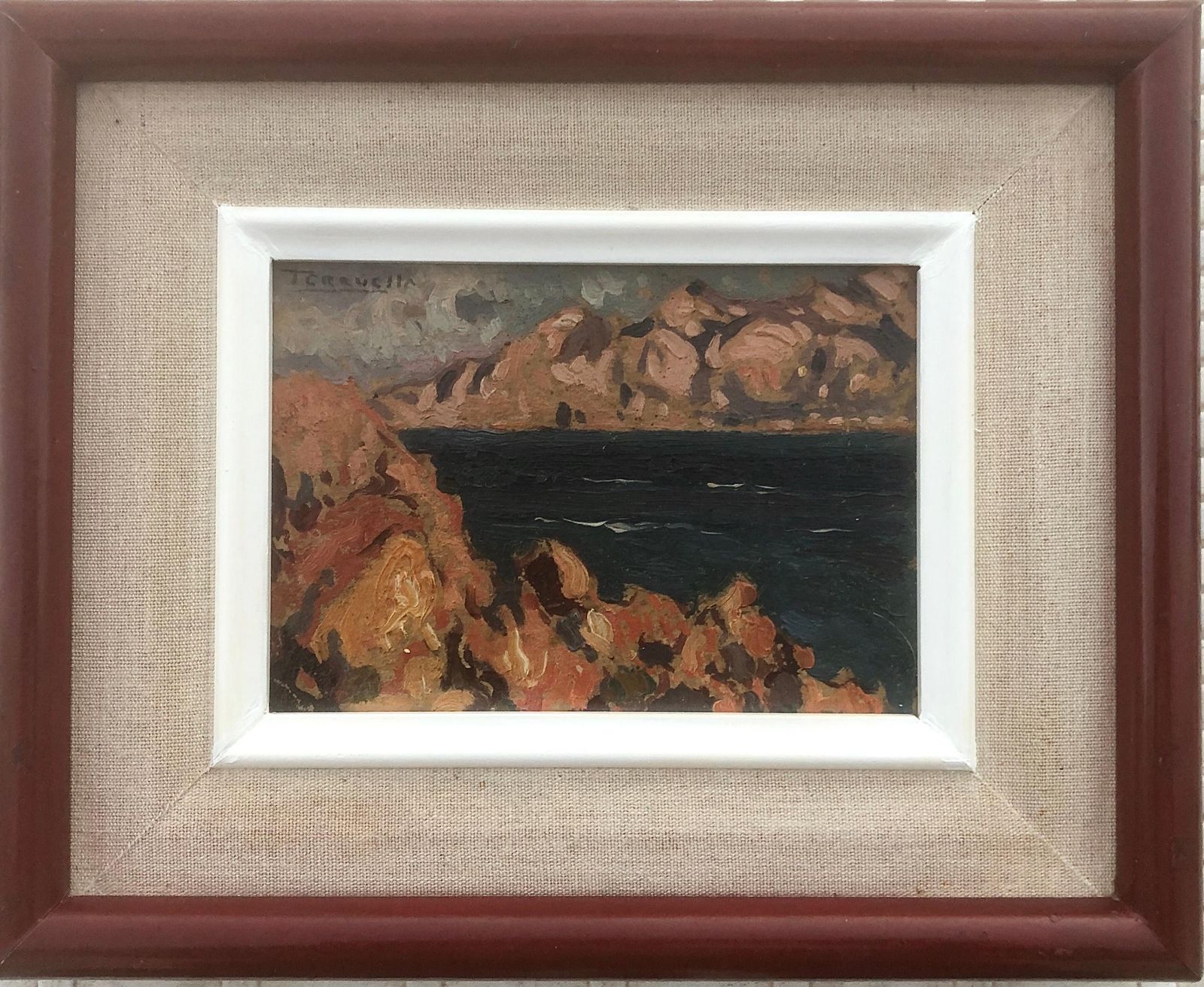 Joaquin Terruella Matilla Catalaans impressionistisch kustlandschap Mallorca, olieverfschilderij, Middellandse Zee, ca. 1920 photo furniture