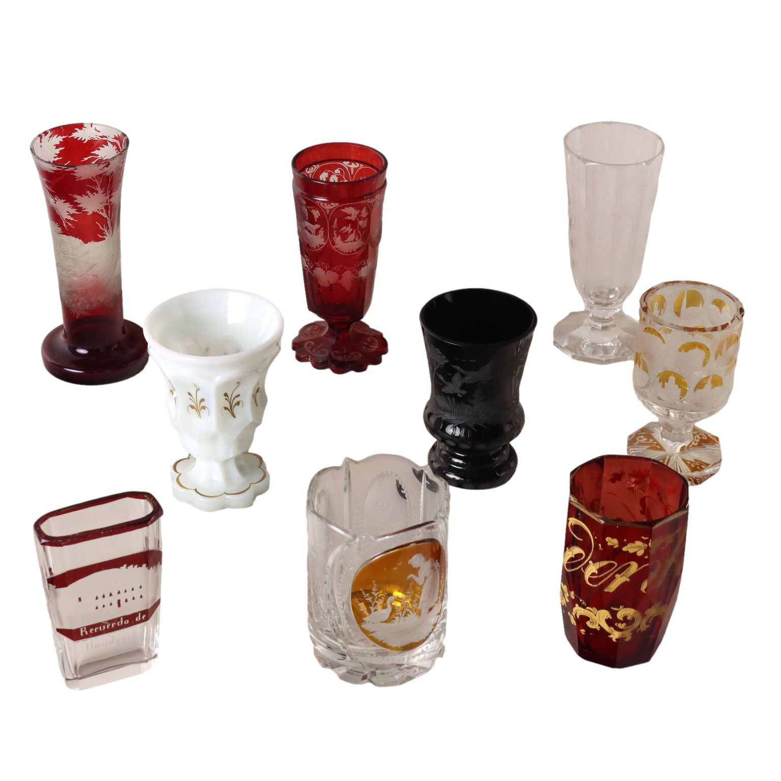 Groep antieke glazen, gekleurd glas, diverse fabrikanten