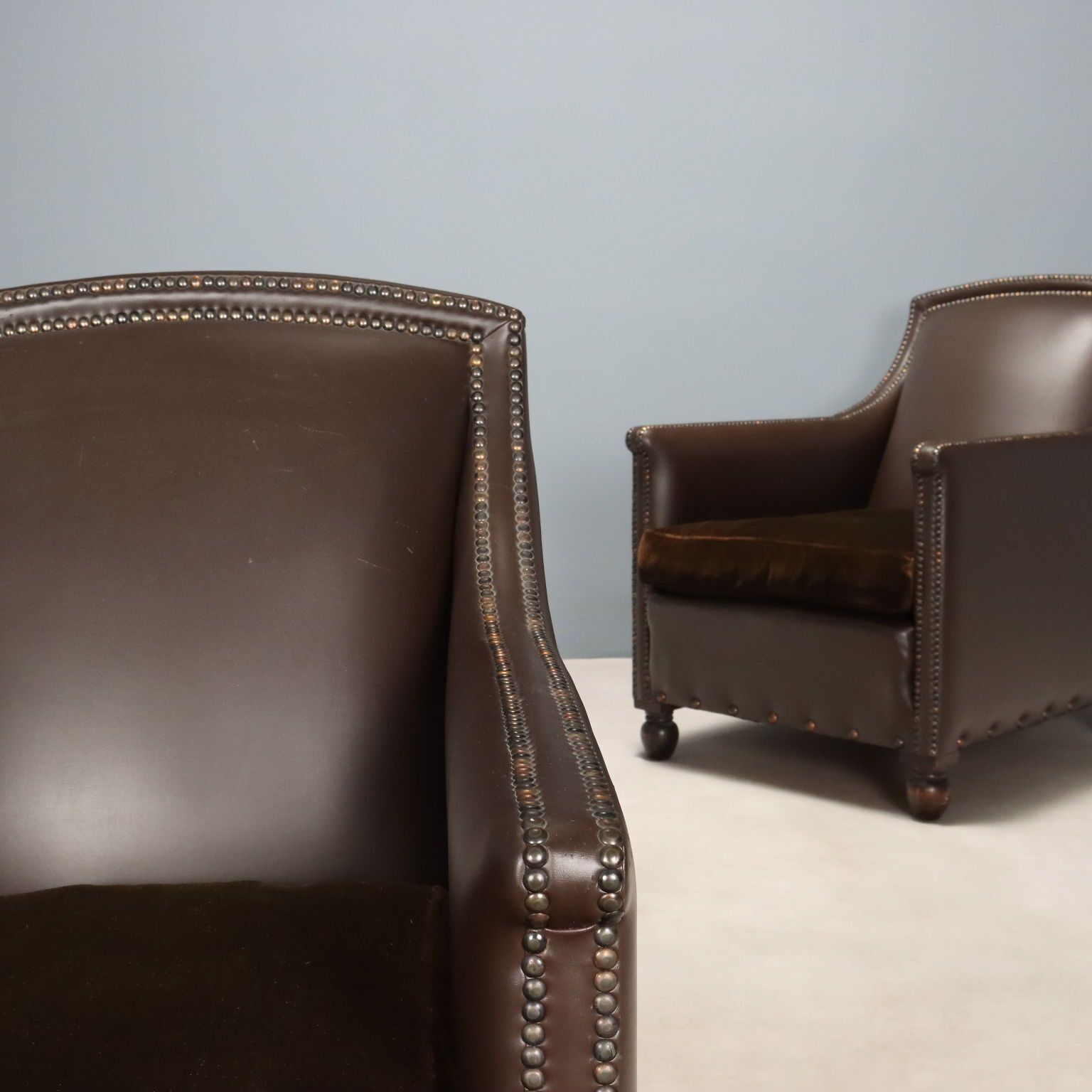 Antique Armchairs Leather Velvet Studs Italy XX Century photo for sale