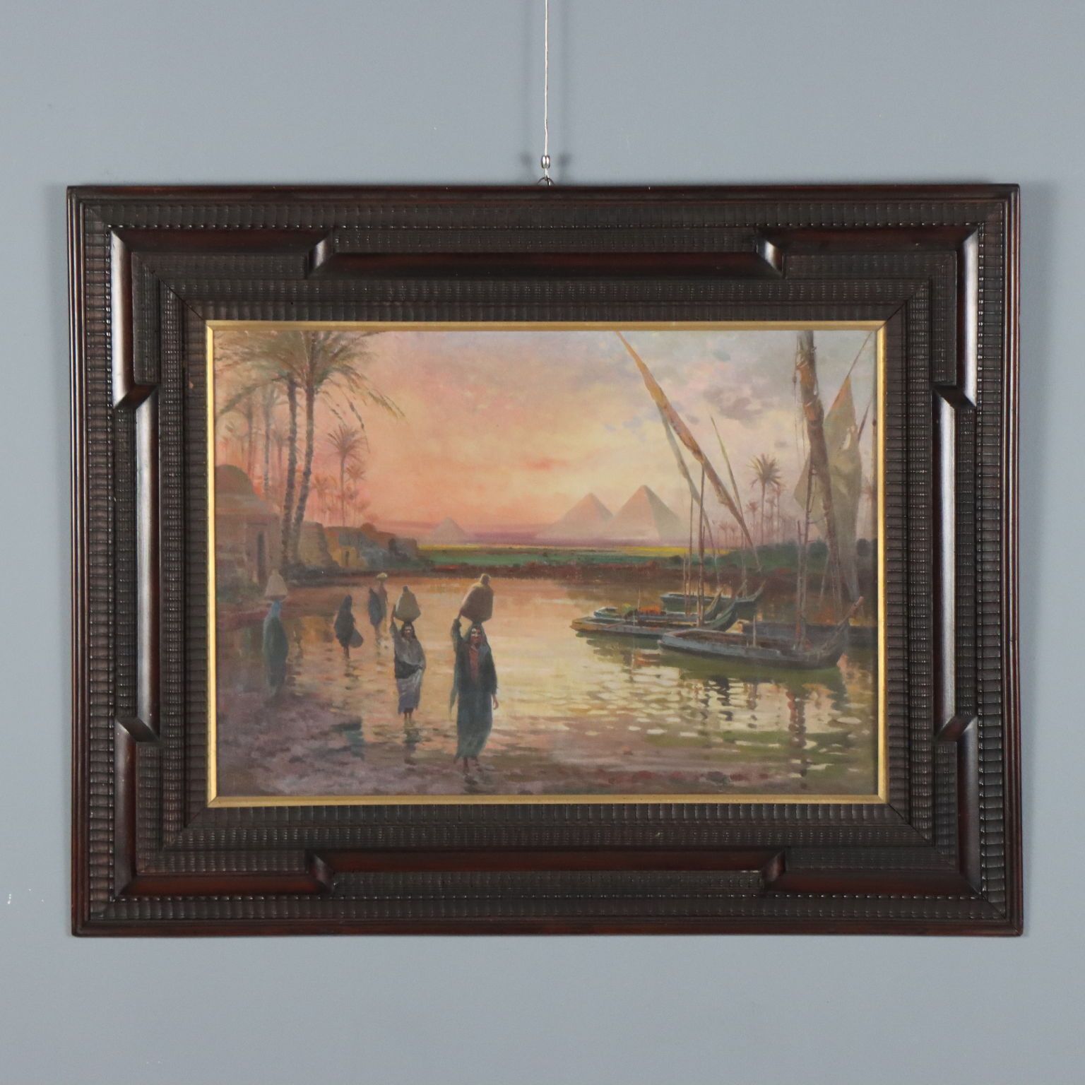 Peinture, paysage exotique avec pyramides et personnages