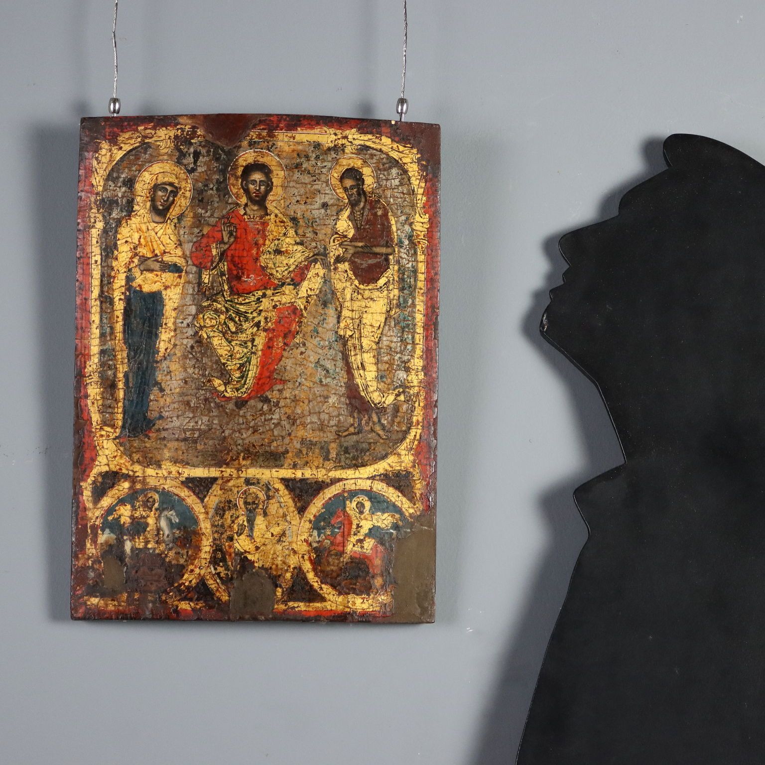 Antique Icon Jesus And Virgin Mary Tempera On Board XVIII Century photo furniture