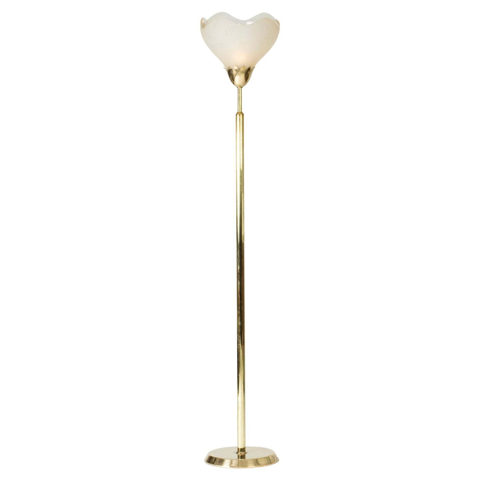Swedish Grace vloerlamp, messing en glas, Orrefors, Zweden, jaren 1940