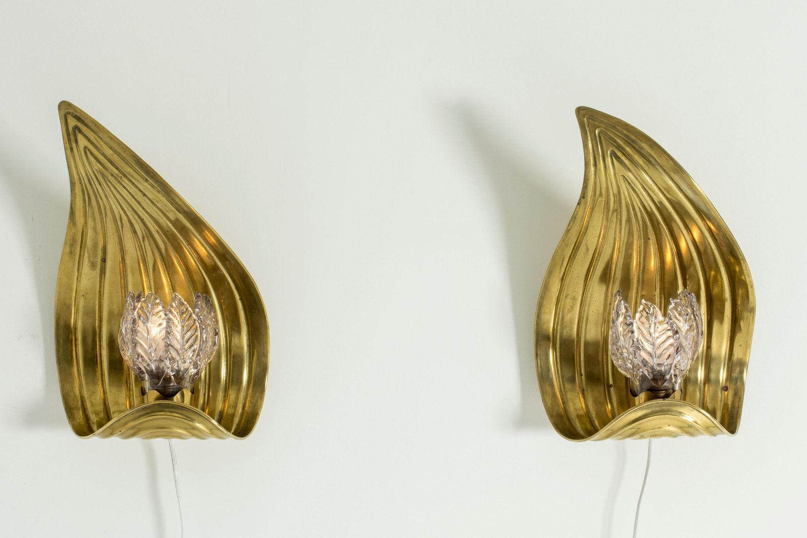 Pair Of Glass And Brass Swedish Modern Wall Lights, 1940s photo for sale