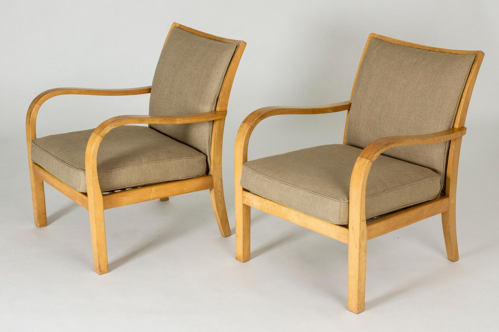 Pair Of Functionalist Birch And Linen Lounge Chairs By Axel Larsson For Bodafors photo for sale