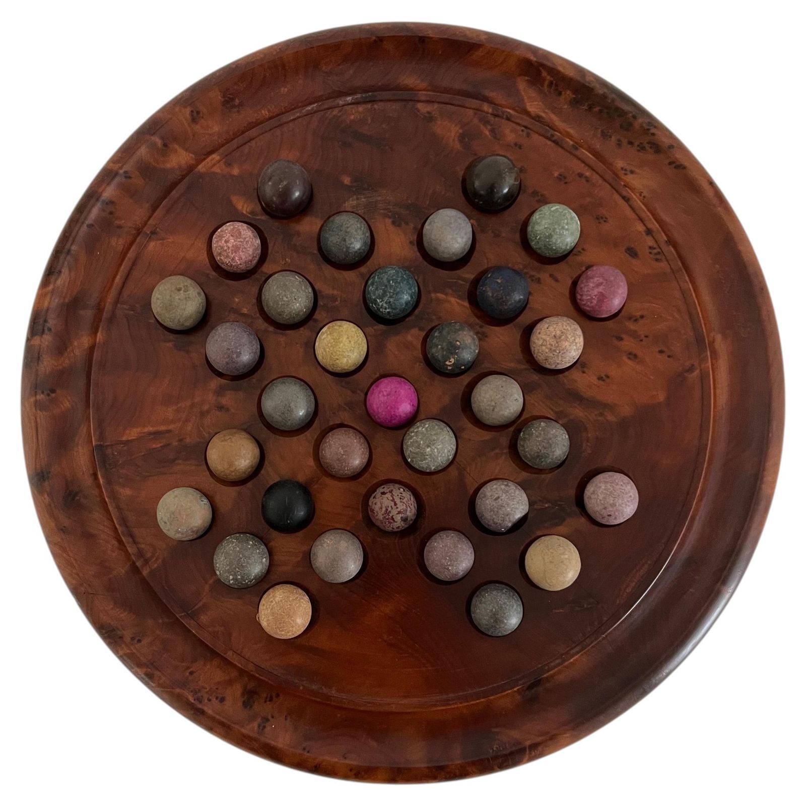 Marble Solitaire Board Game With 33 Handmade 19th Century Clay Or Stone Marbles.