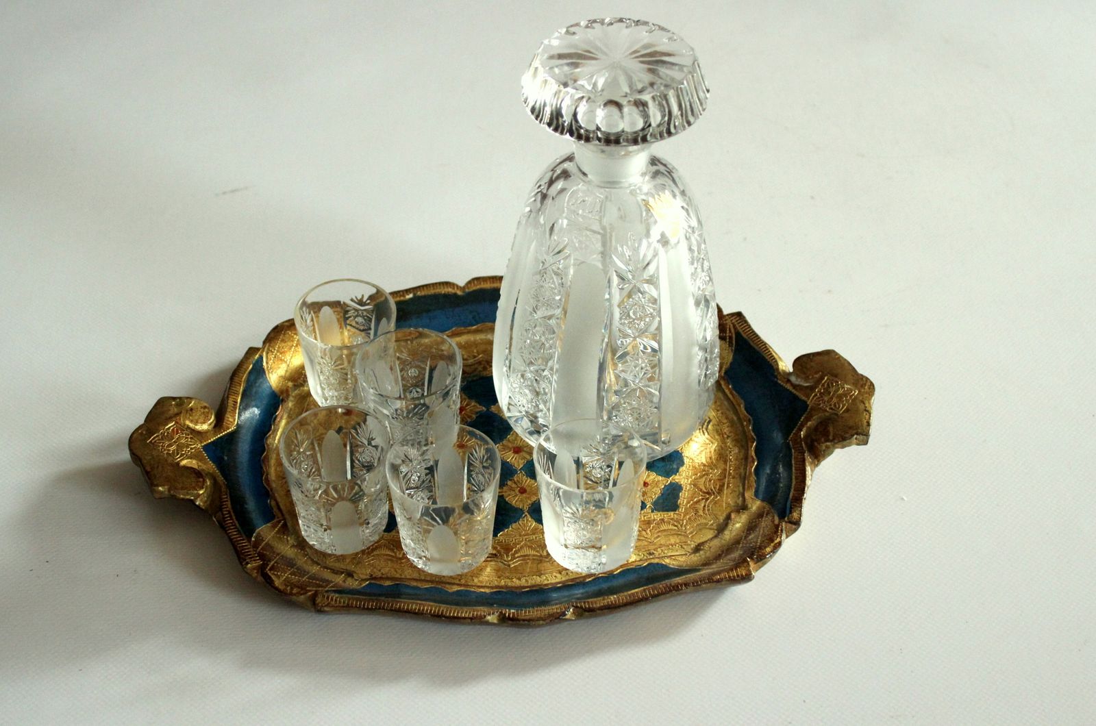 Set Of A Hand Cut Bohemian Lead Crystal Carafe And 5 Liqueur Glasses On A Wooden Florentine Tray   Vintage
