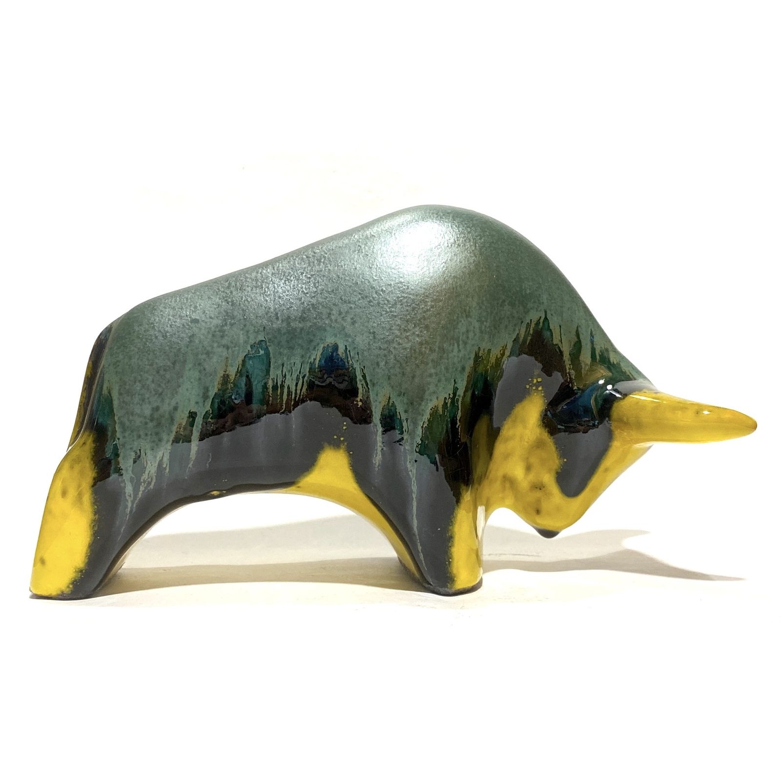 Otto Keramik Bull In Green Over Yellow Drip Glaze, West German Pottery Style Sculpture photo buy