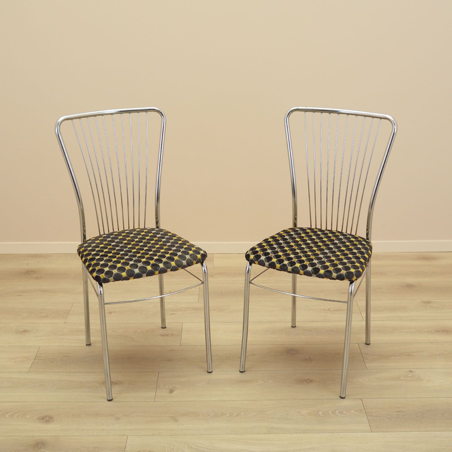Set Of Metal Chairs With Fan Shaped Backrest, New Upholstery, Denmark, 1980s photo 519.0