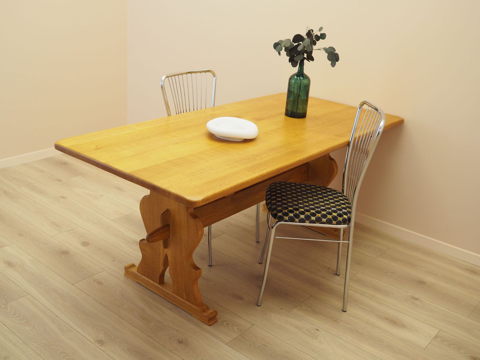 Danish Solid Oak Dining Table, Trestle Construction, 1960s photo Furniture
