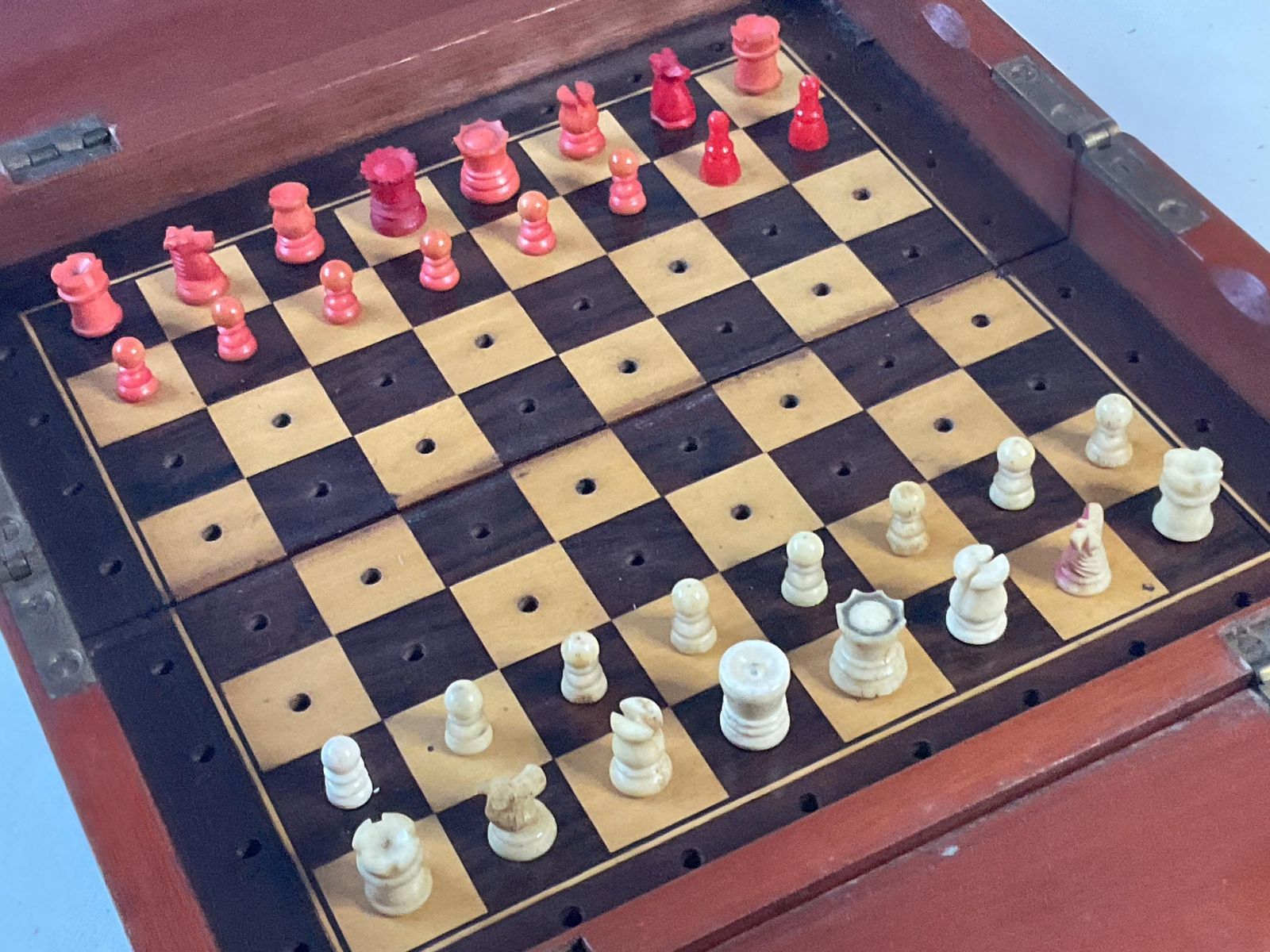 photo for sale Victorian Carved Bone Peg Chess Set In Folding Wooden Box (19th Century).
