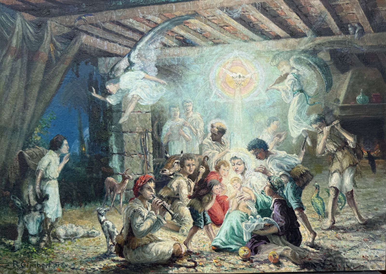 Ramón Gimbert Glory To God In The Highest, Monumentaal Catalaans Kerststalstuk Olieverfschilderij 1959