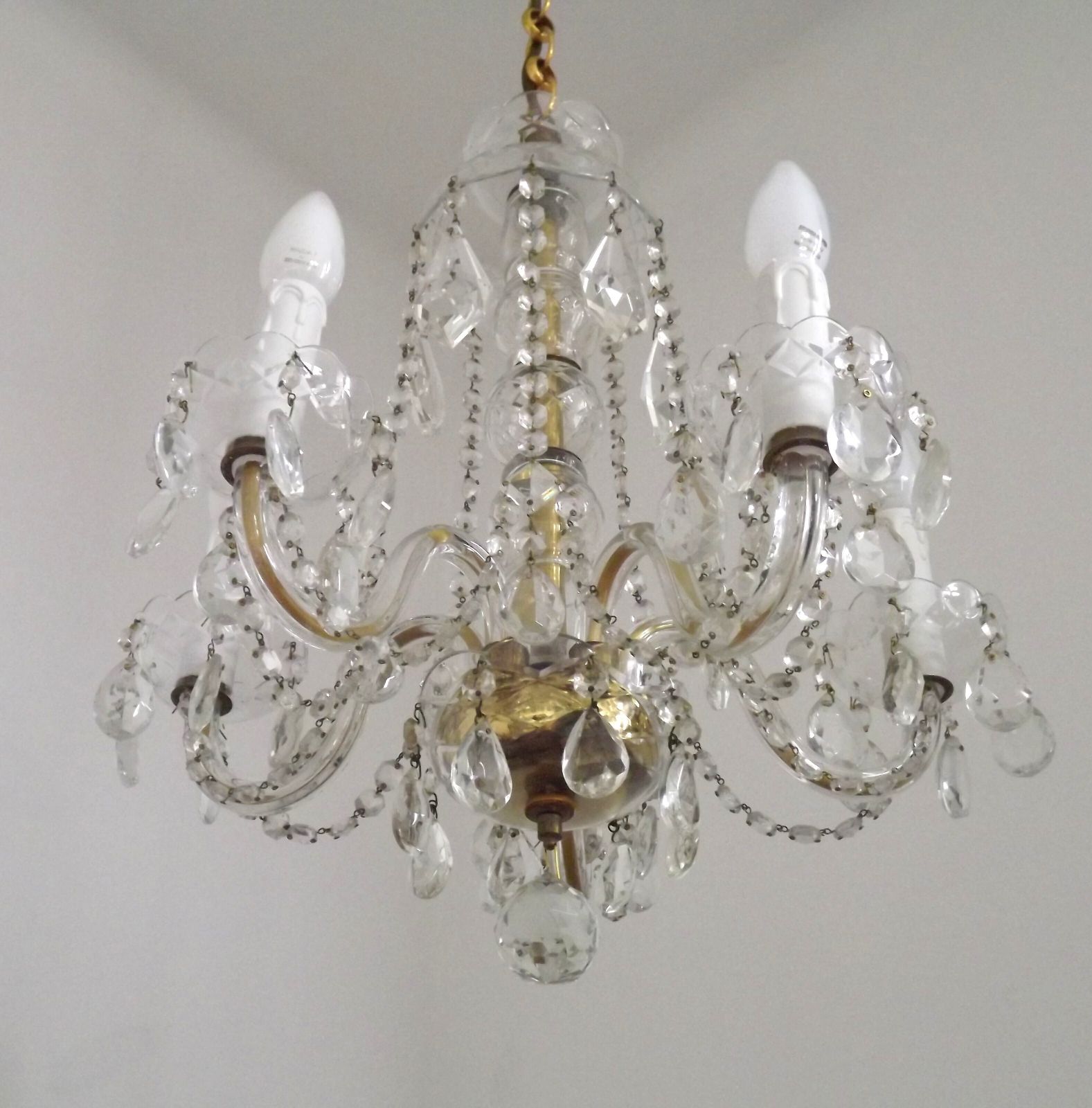 Lustre à 5 feux vintage français en métal doré et verre, cristal