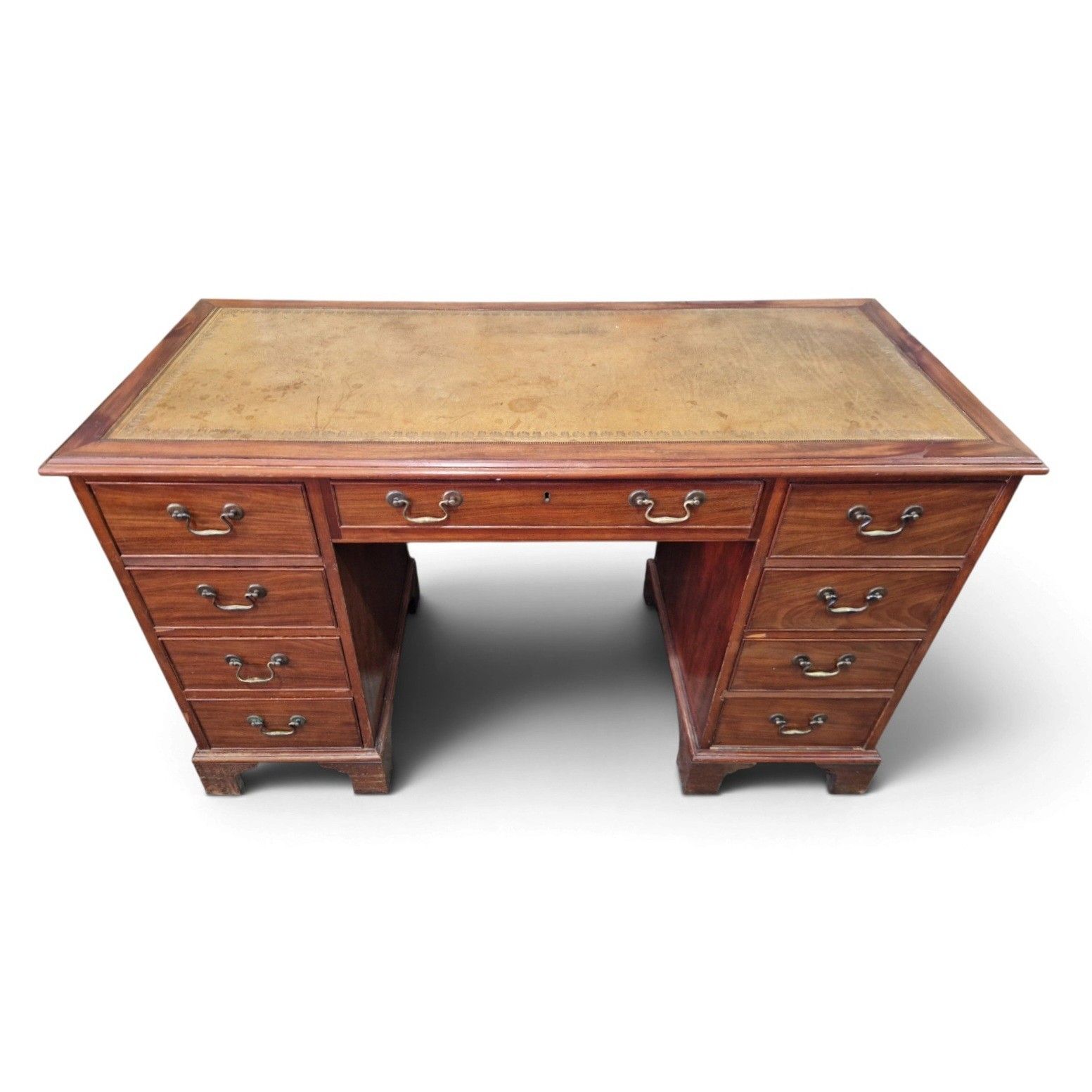 Antique Mahogany Pedestal Desk Leather Top 9 Drawer Kneehole photo furniture