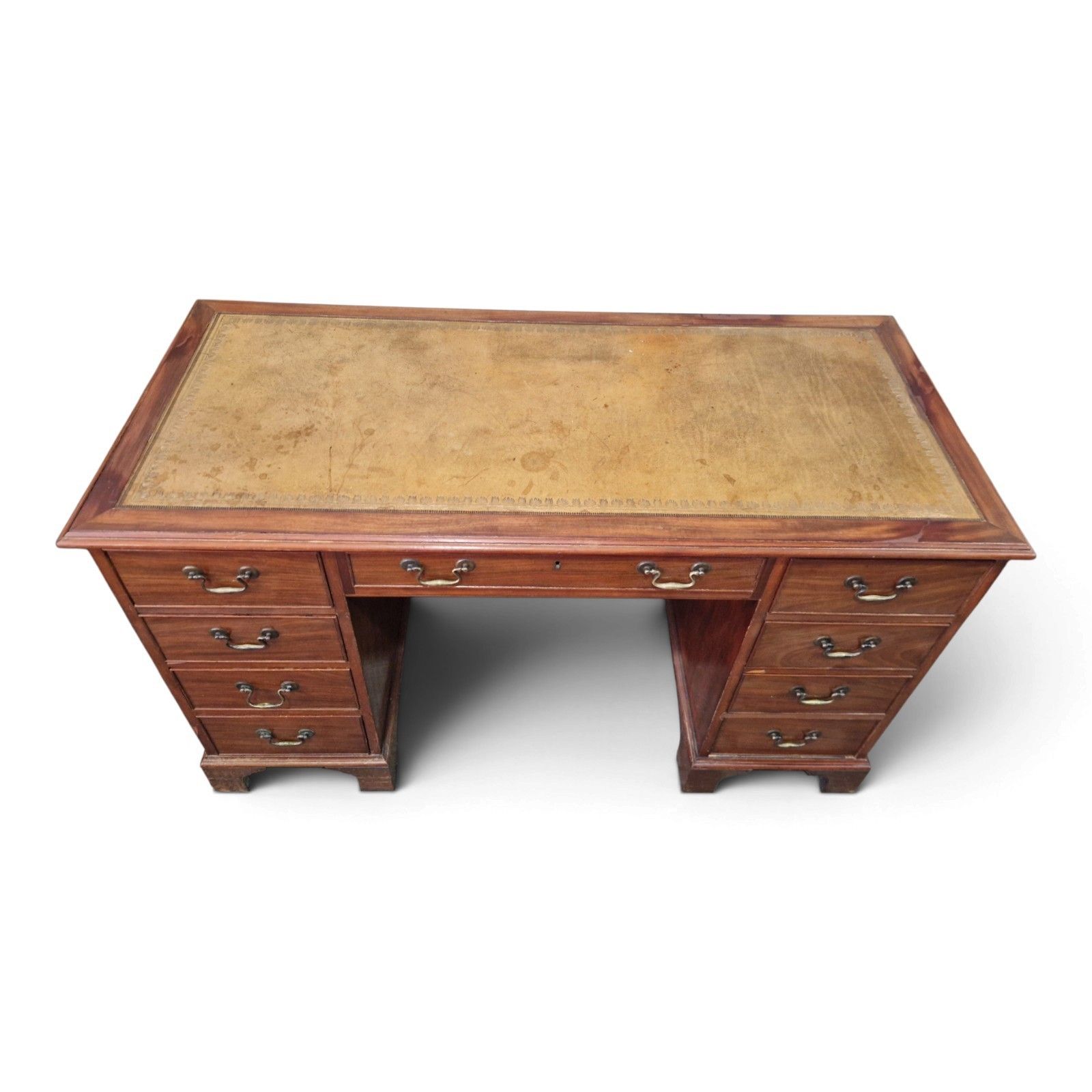 Antique Mahogany Pedestal Desk Leather Top 9 Drawer Kneehole photo for sale
