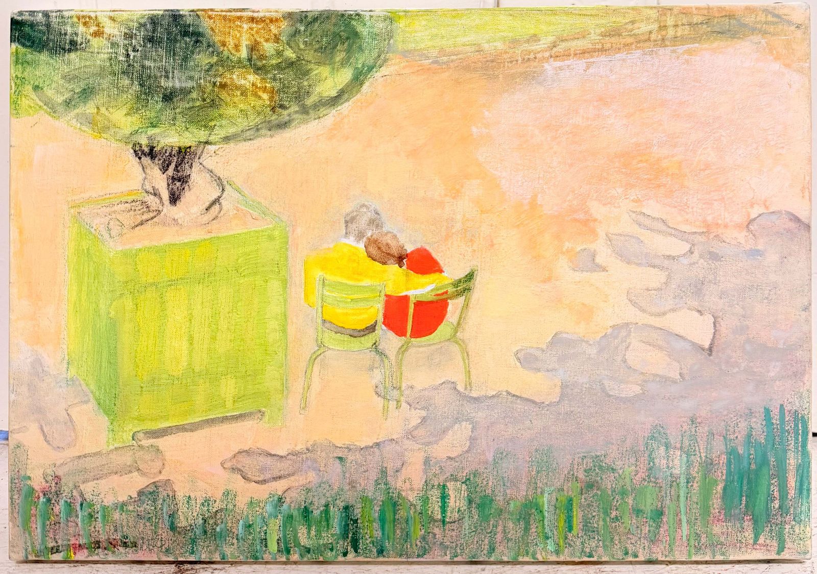 Couple assis sous un arbre dans un parc parisien, peinture moderniste française, XXe siècle photo furniture